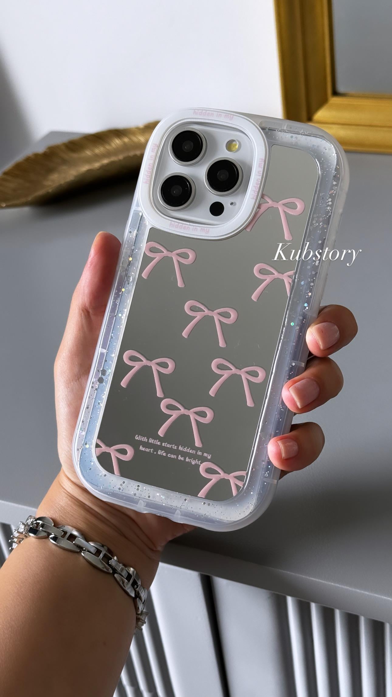 Aynalı Kurdele Detaylı İphone Telefon Kılıfı Pembe