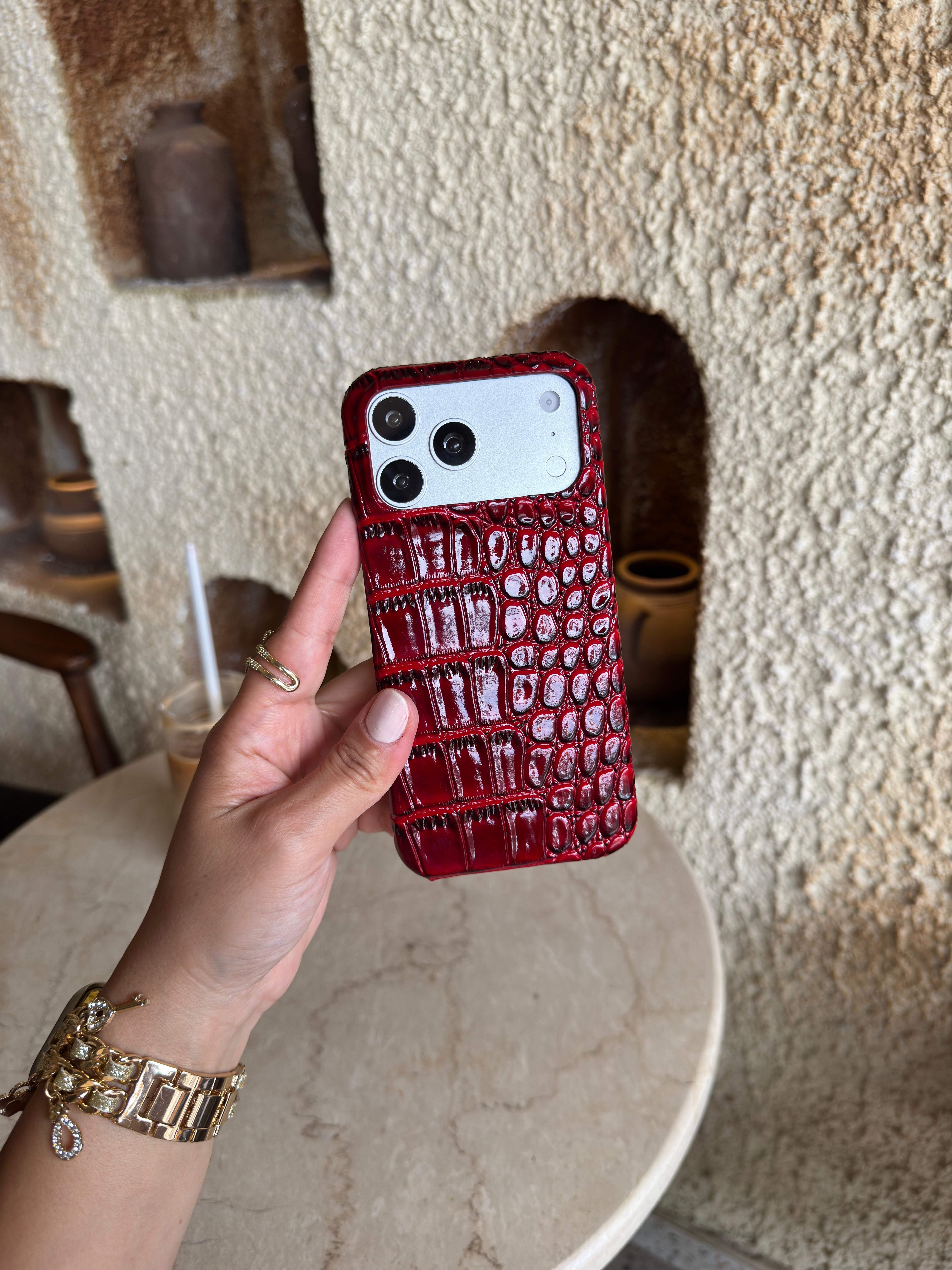 Croco Yılan Derili İphone Telefon Kılıfı Kırmızı