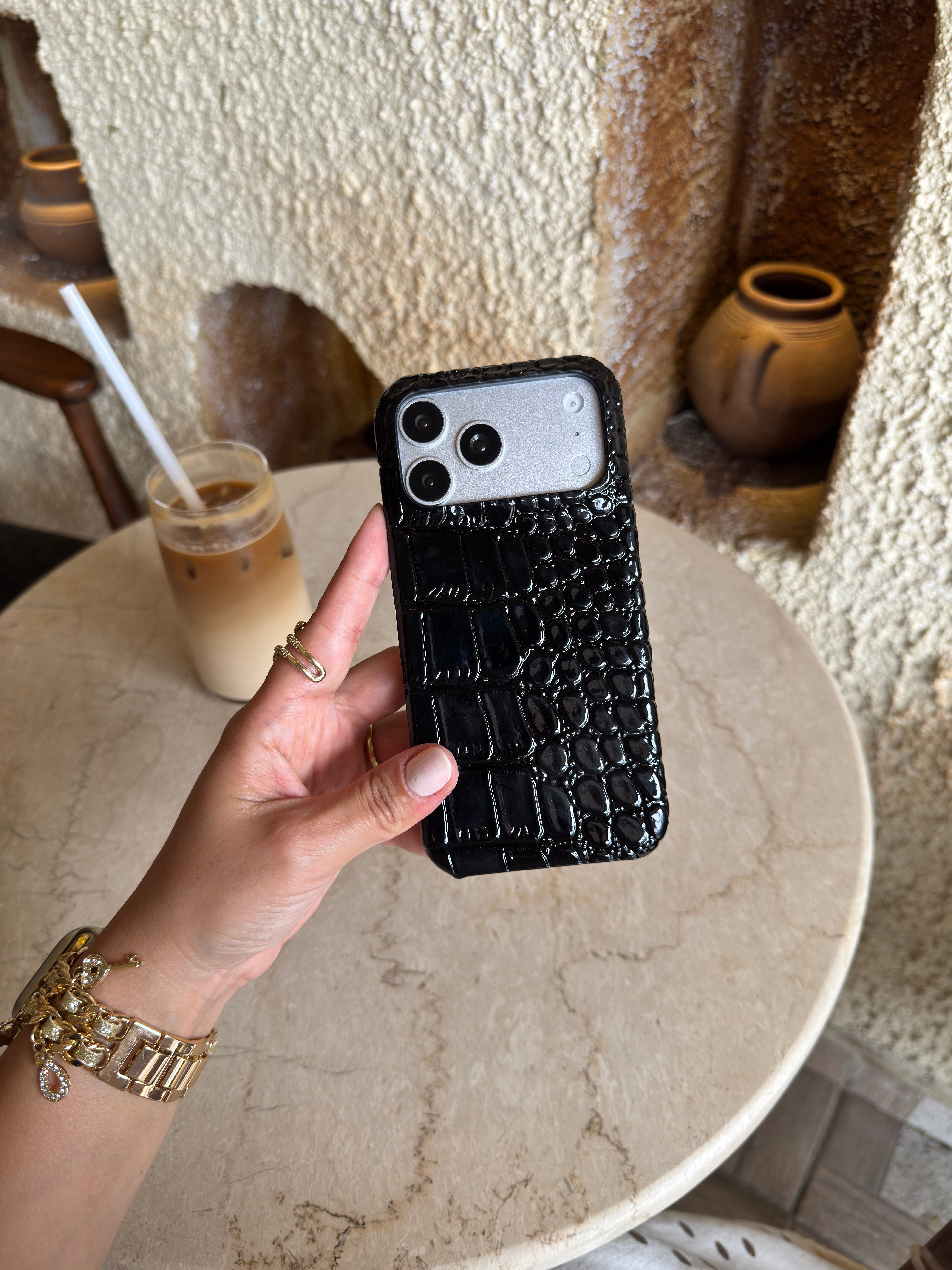 Croco Yılan Derili İphone Telefon Kılıfı Siyah