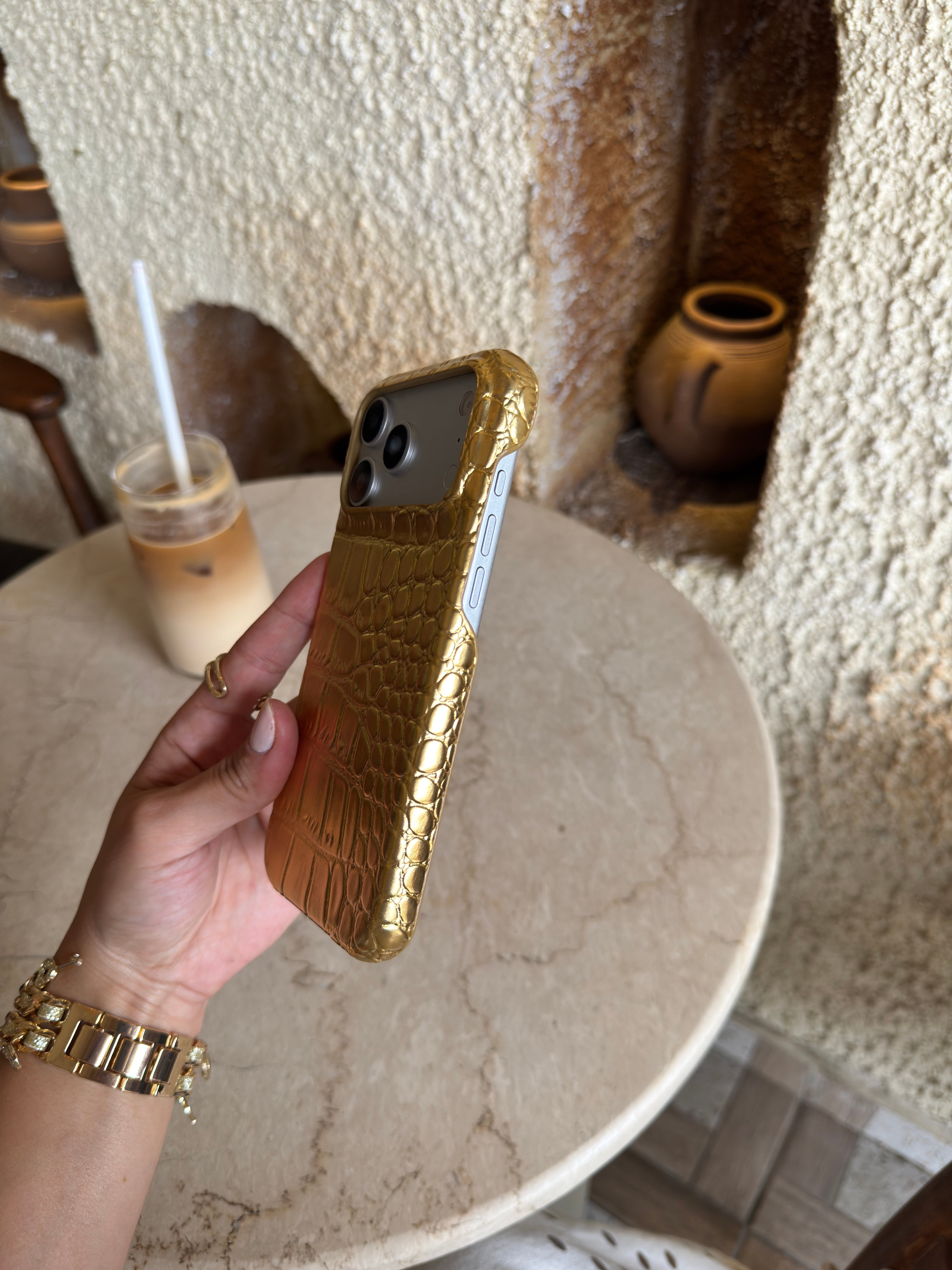 Croco Yılan Derili İphone Telefon Kılıfı Gold