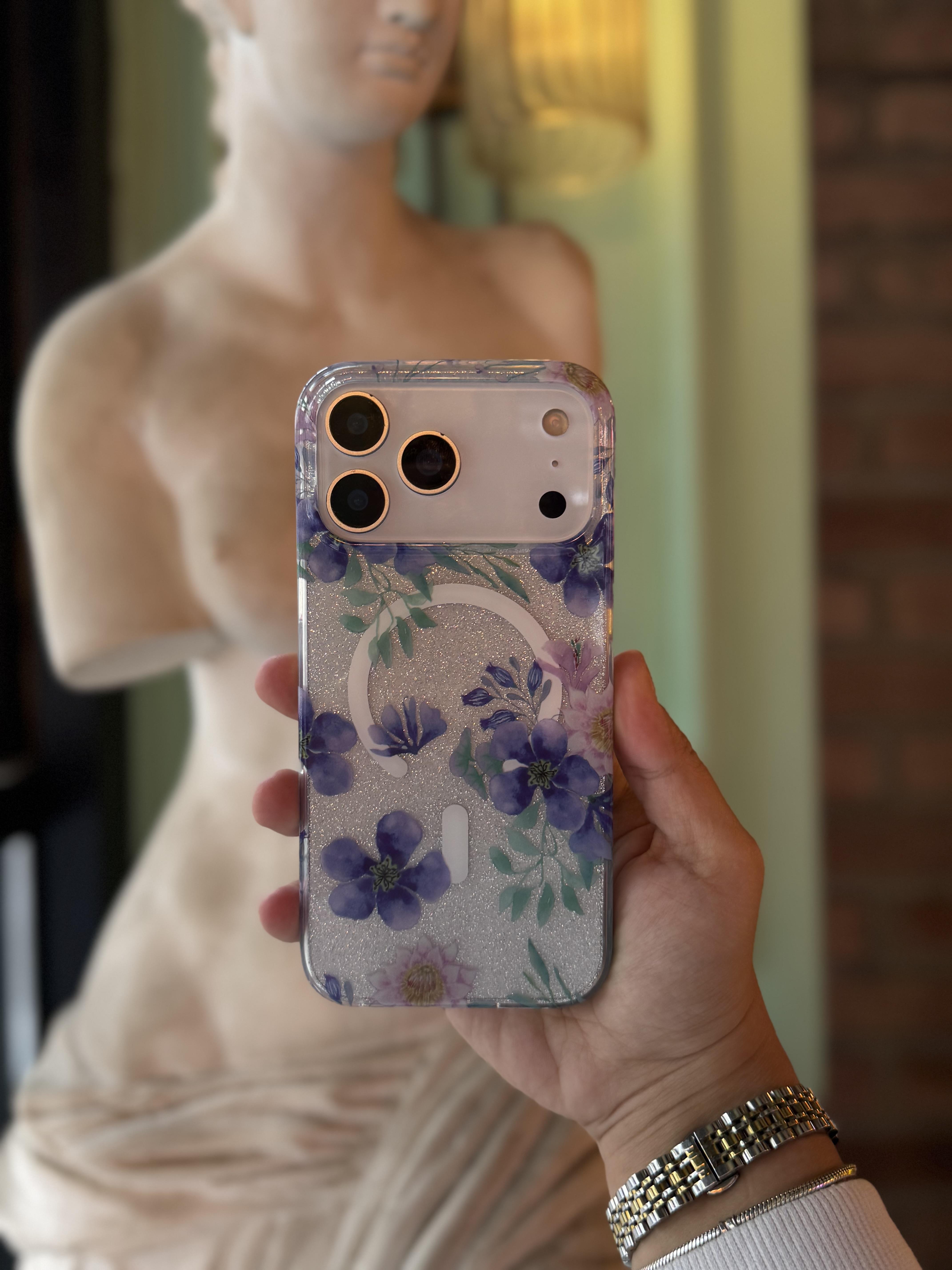 Flower Magsafe Detaylı İphone Telefon Kılıfı Gümüş Mor