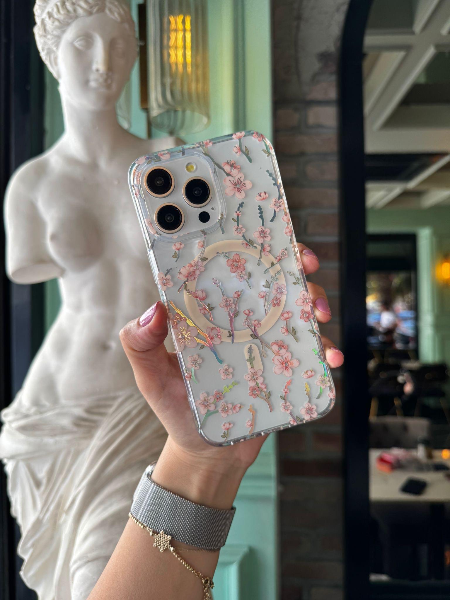 Hologramlı Magsafeli İphone Telefon Kılıfı Pembe Çiçekler