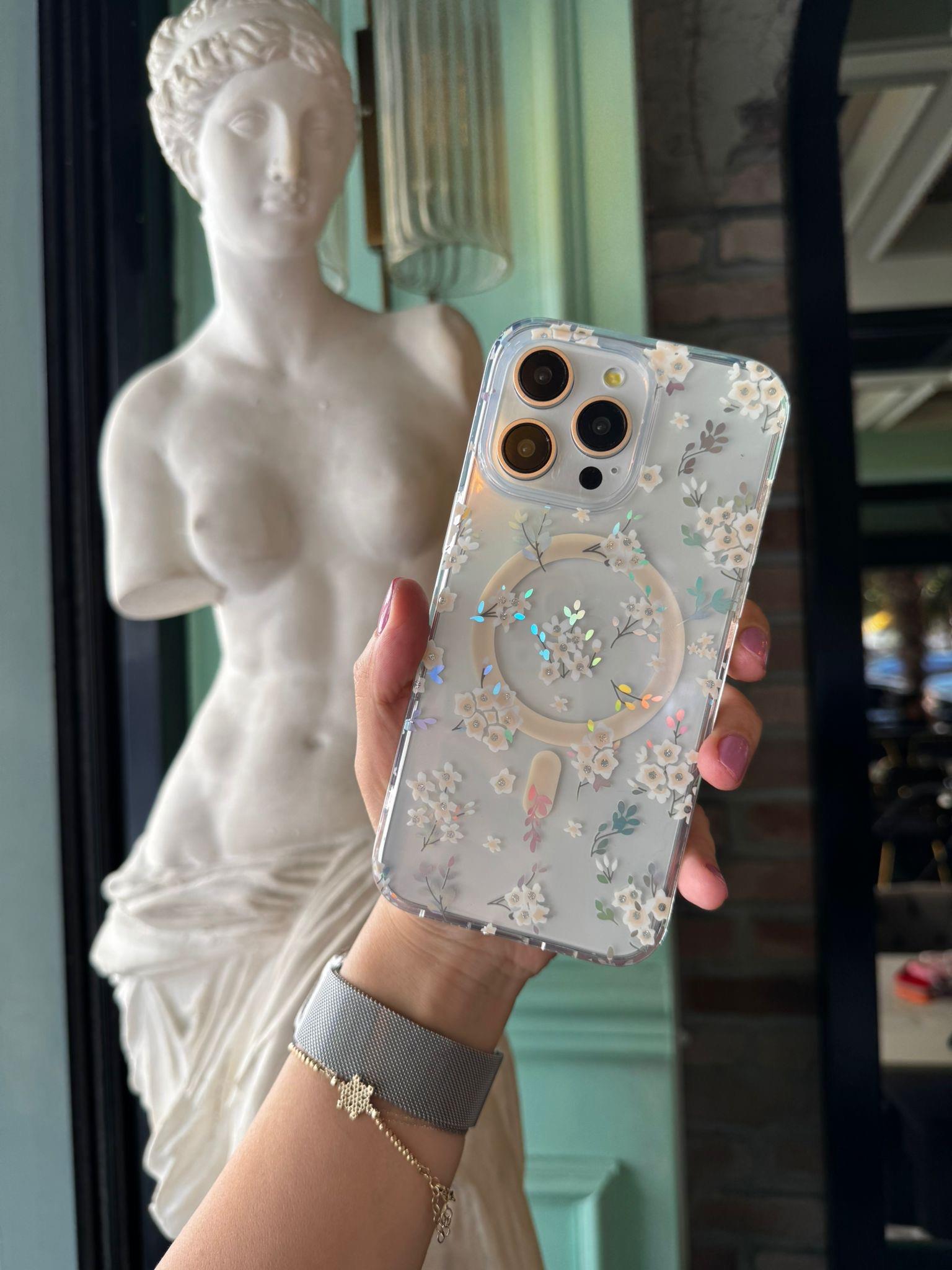 Hologramlı Magsafeli İphone Telefon Kılıfı Beyaz Çiçekler