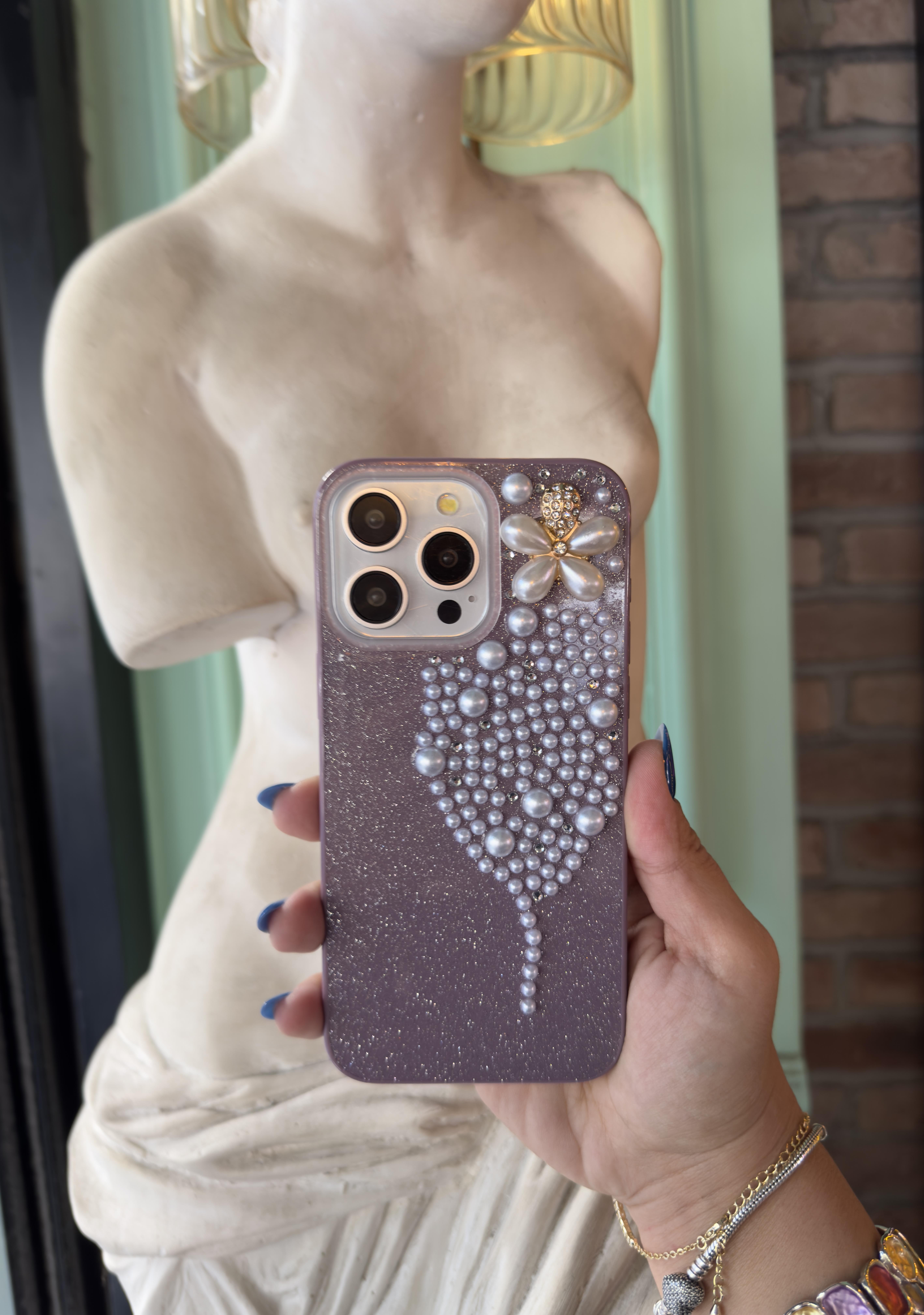 İnci Çiçek Desenli İphone Telefon Kılıfı  Mor