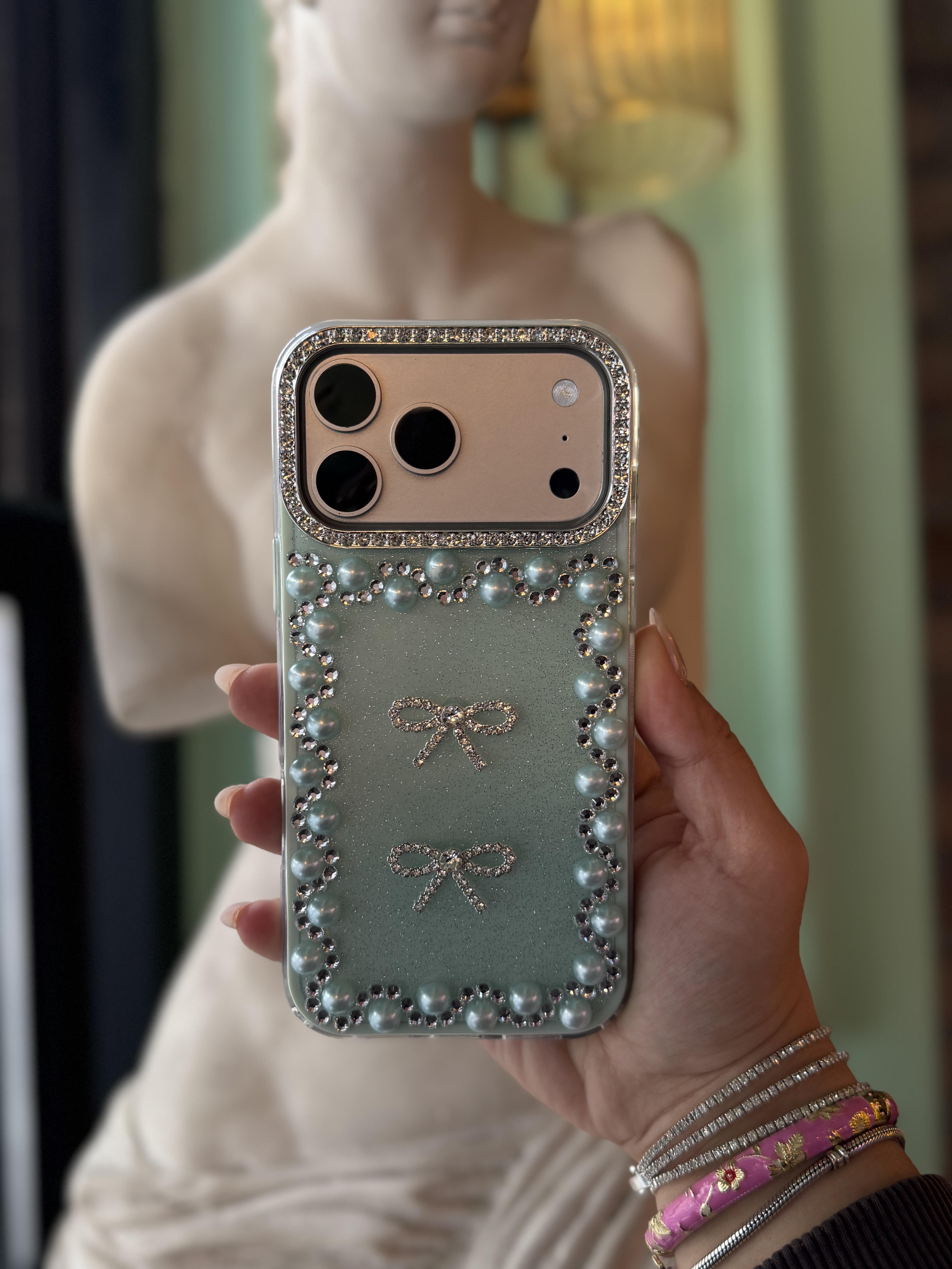 İnci Fiyonk Taşlı İphone Telefon Kılıfı Yeşil