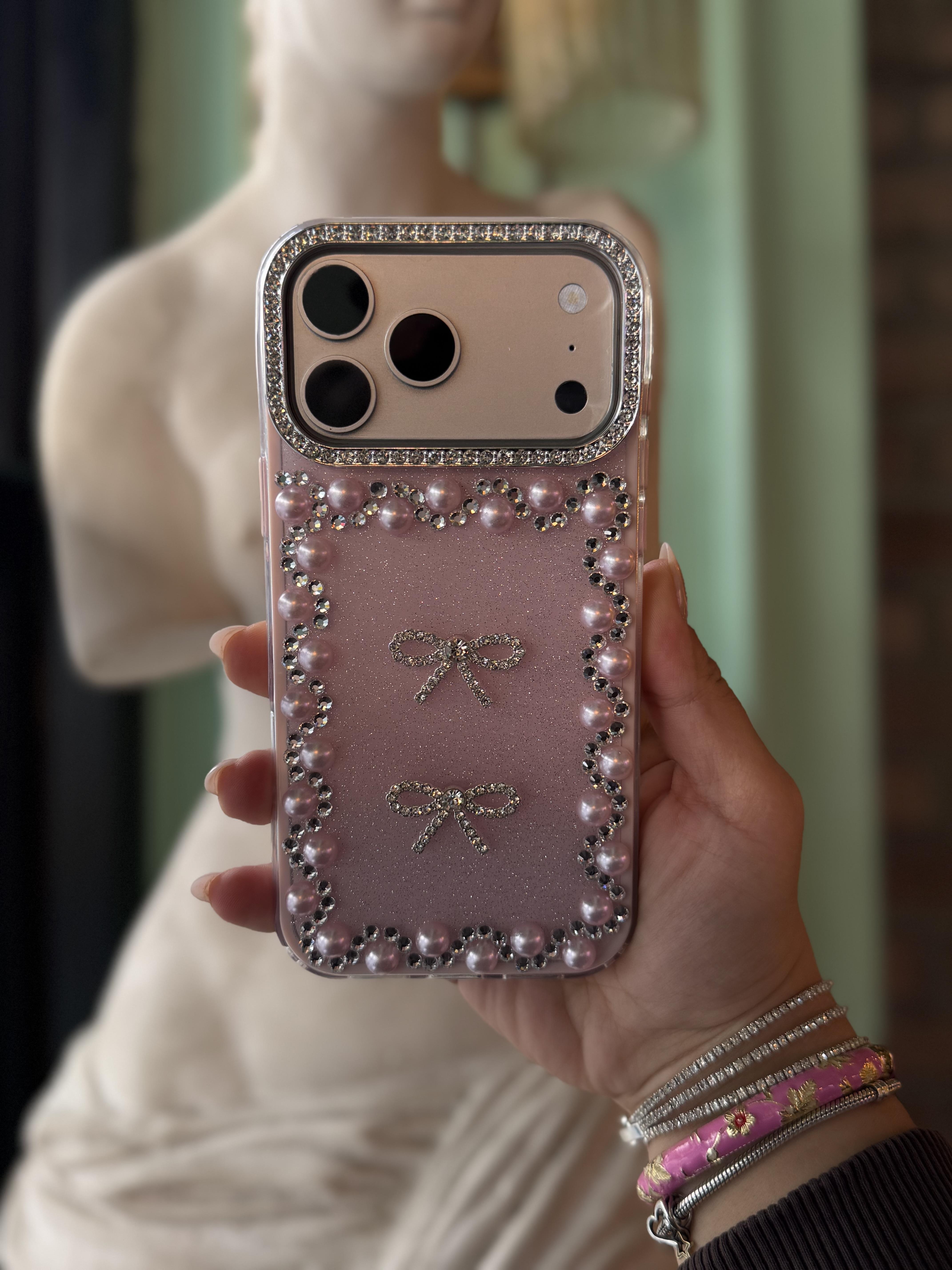 İnci Fiyonk Taşlı İphone Telefon Kılıfı Pembe