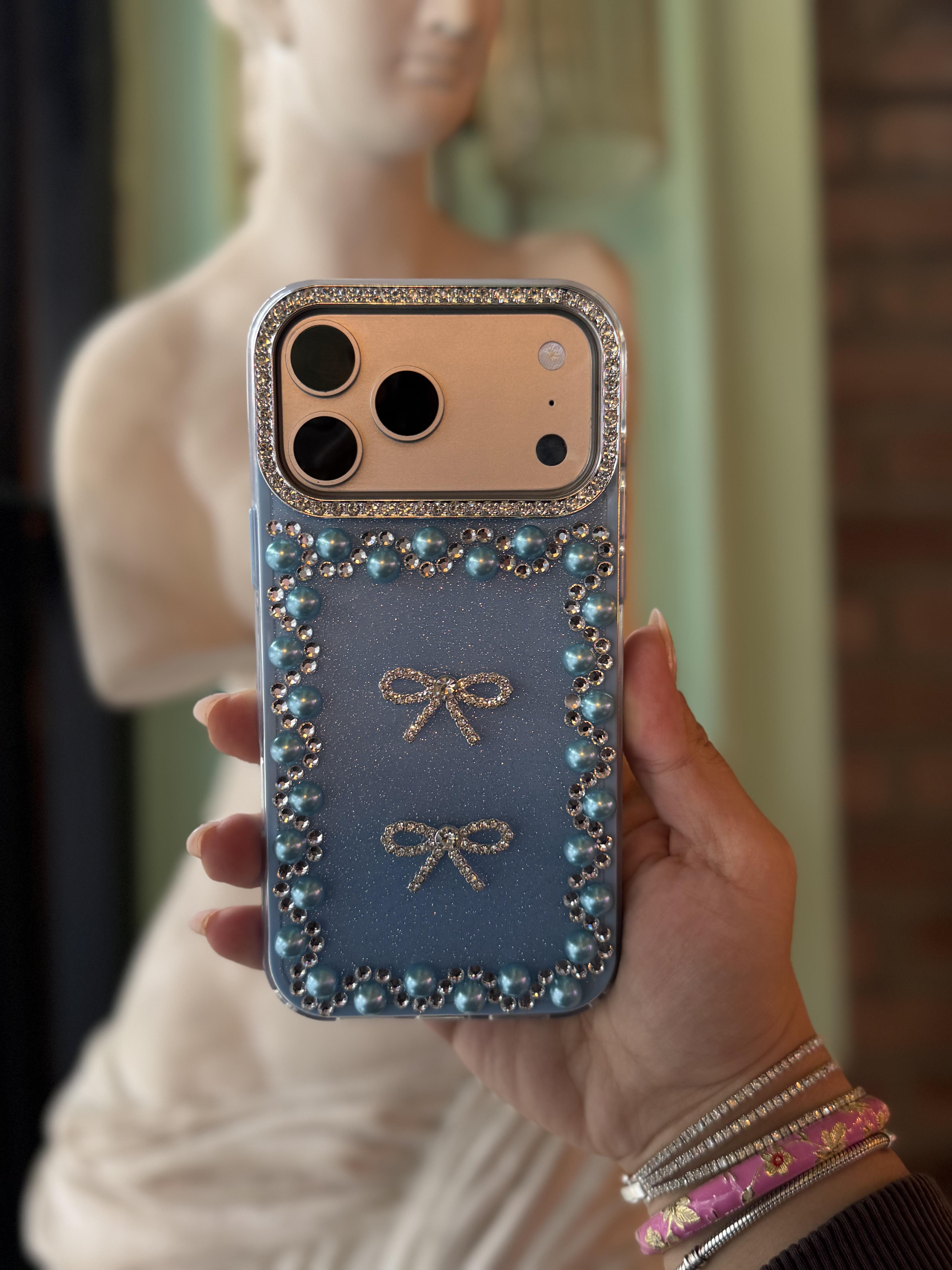 İnci Fiyonk Taşlı İphone Telefon Kılıfı Mavi