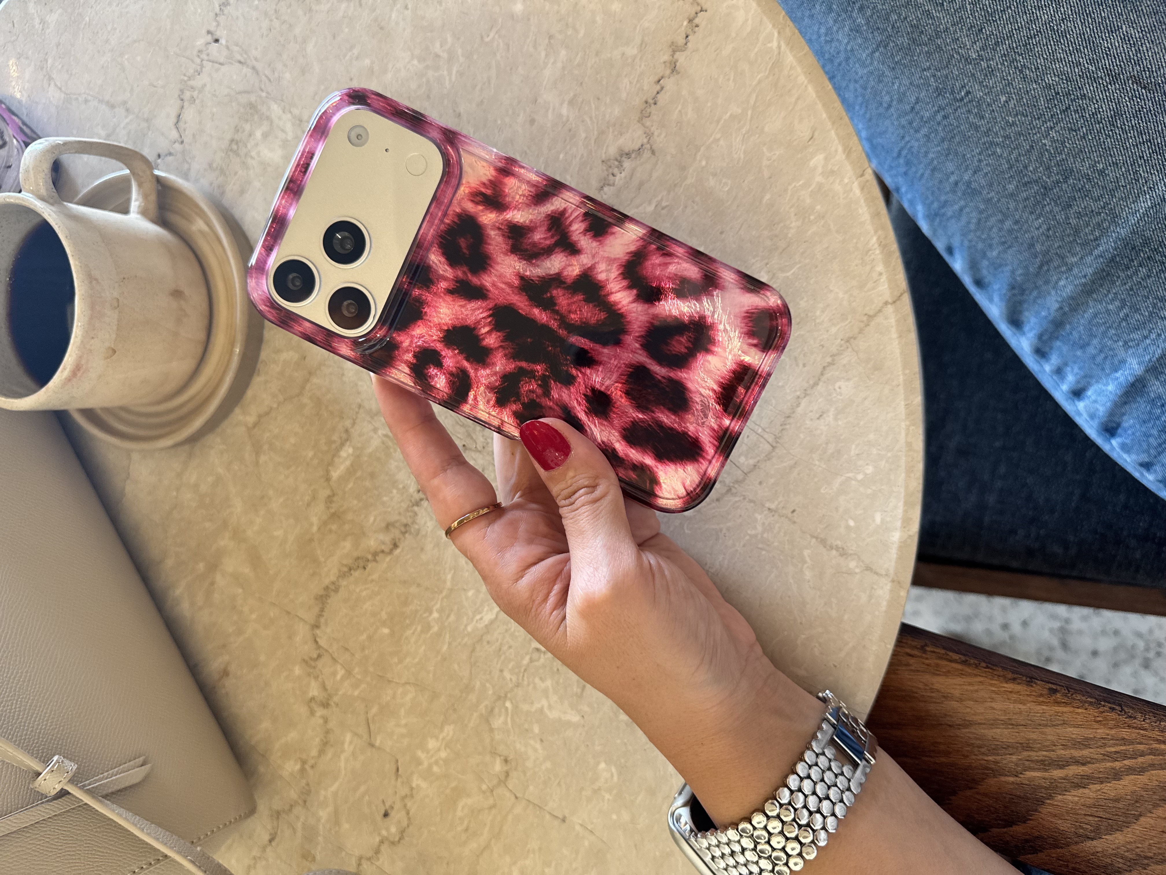 Leopar Desen Hologram İPhone Telefon Kılıfı Pembe