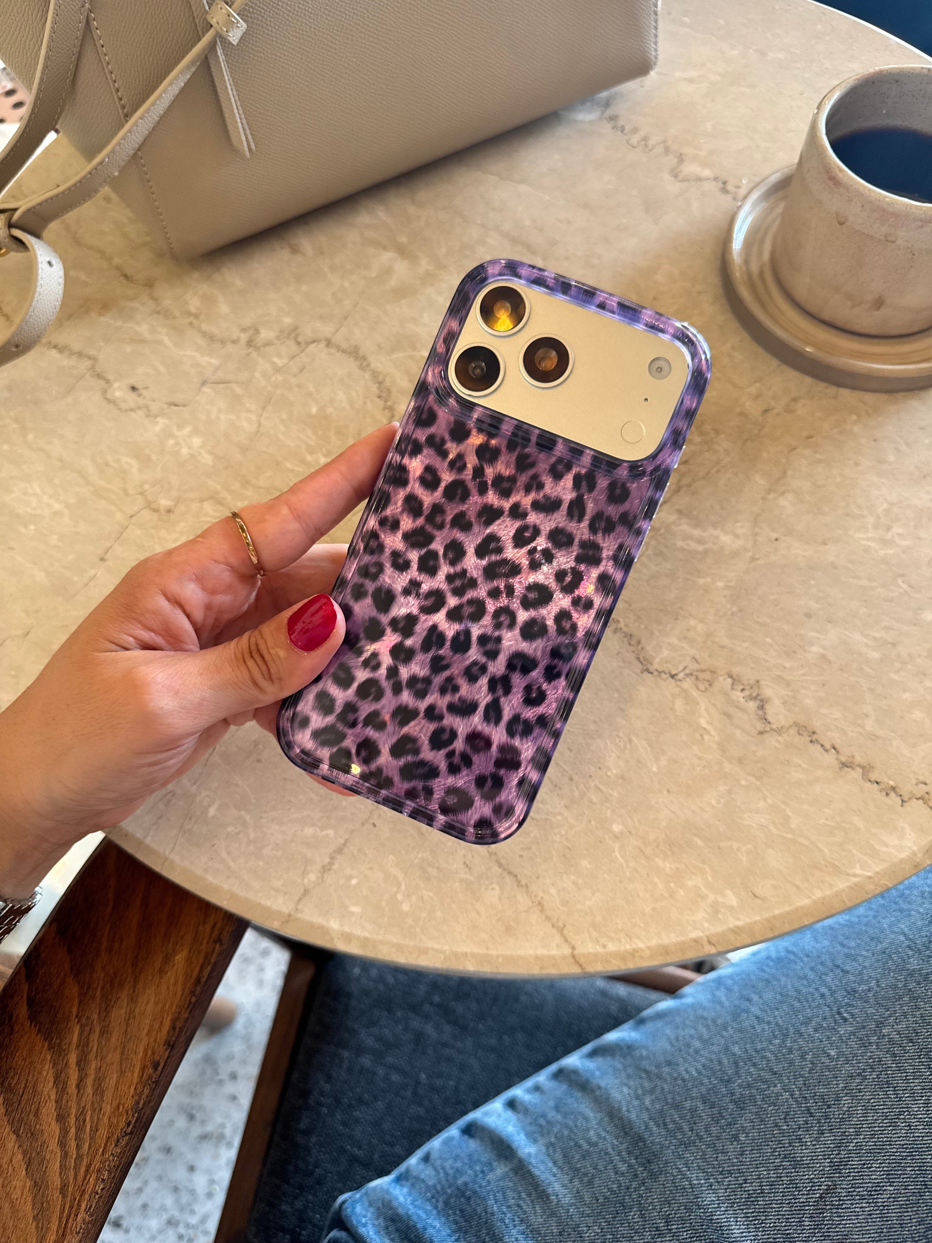 Leopar Desen Hologram İPhone Telefon Kılıfı Mor
