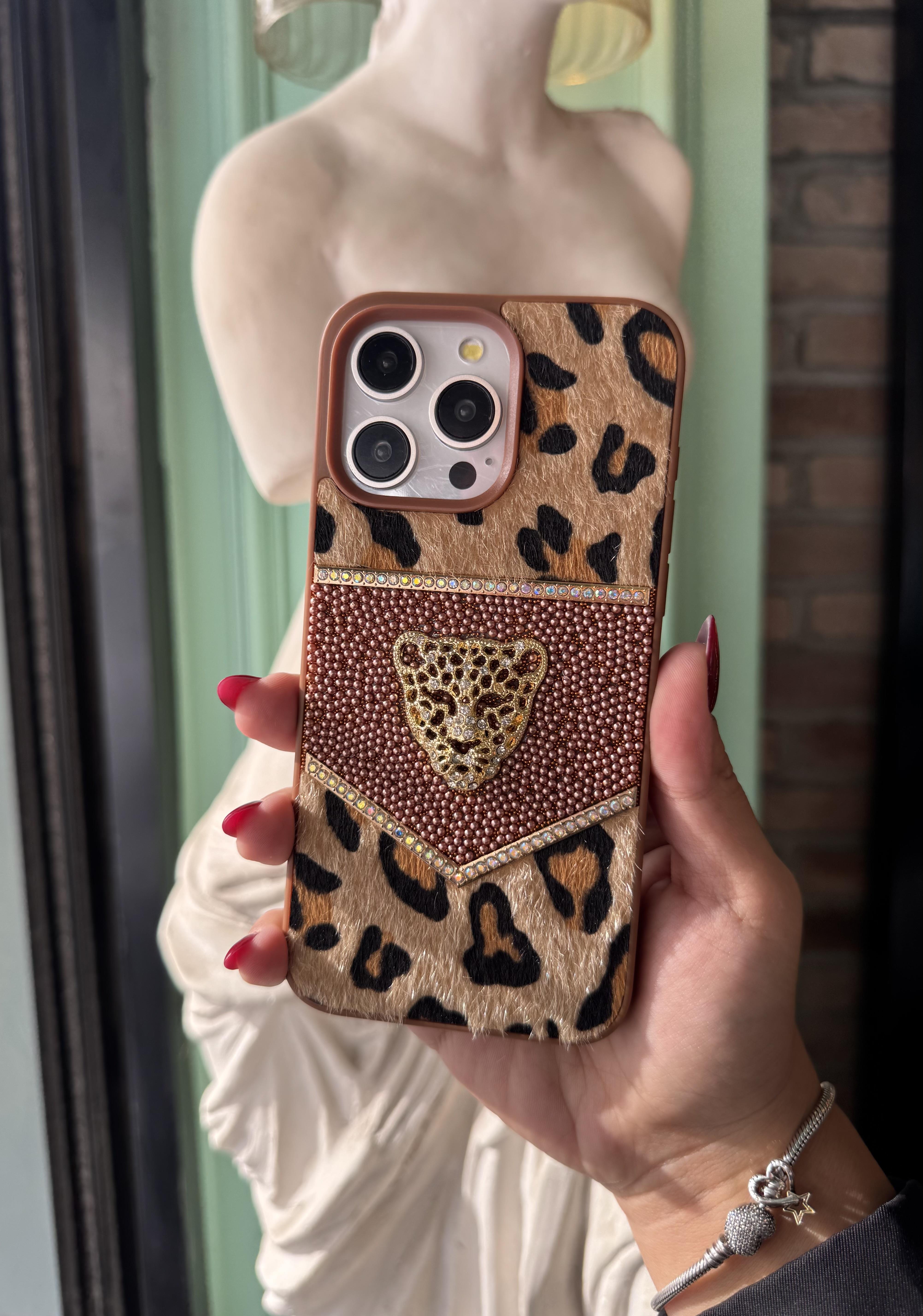 Leoparlı Taşlı Premium Kaplan İphone Telefon Kılıfı Kahverengi