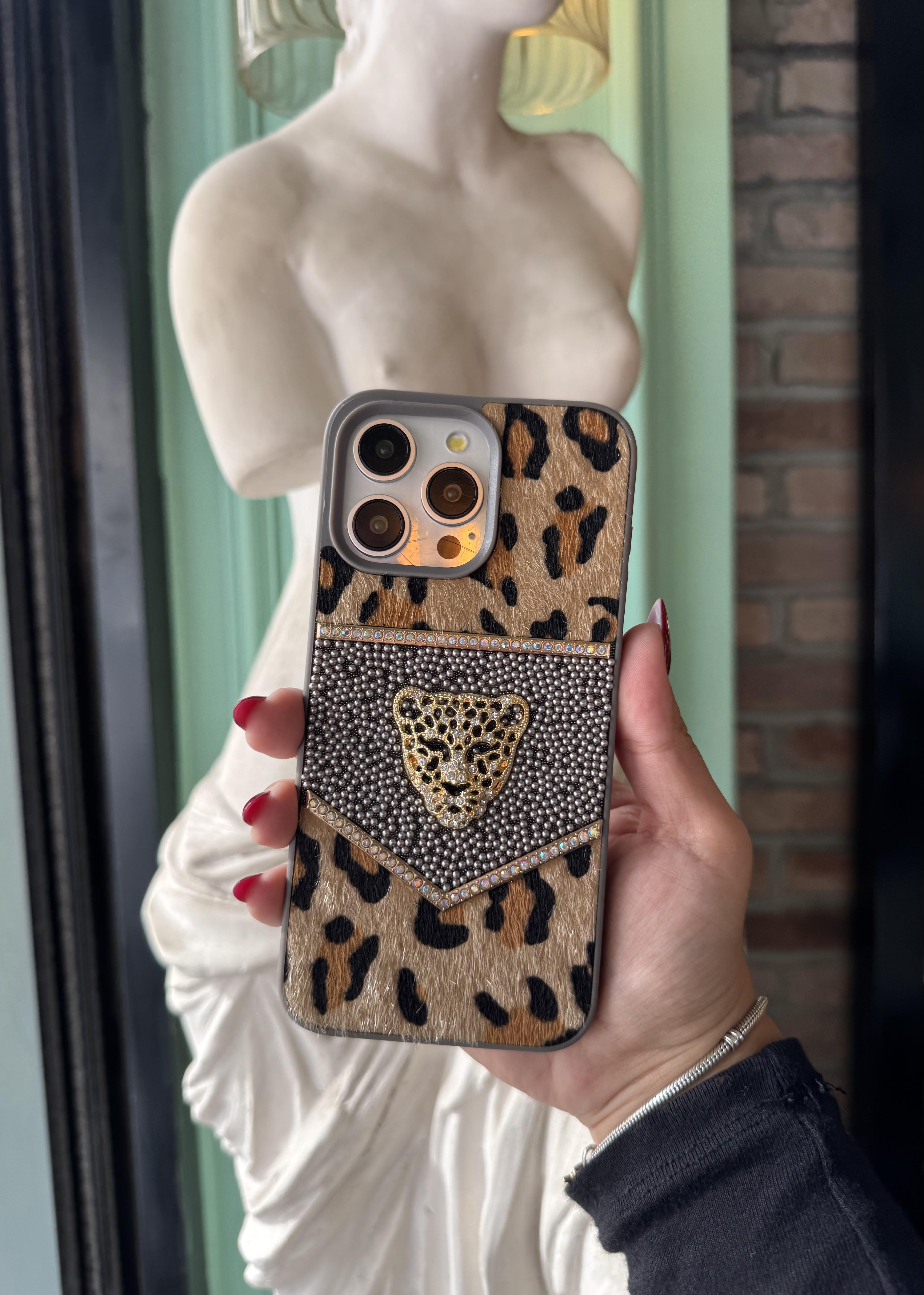 Leoparlı Taşlı Premium Kaplan İphone Telefon Kılıfı Gri