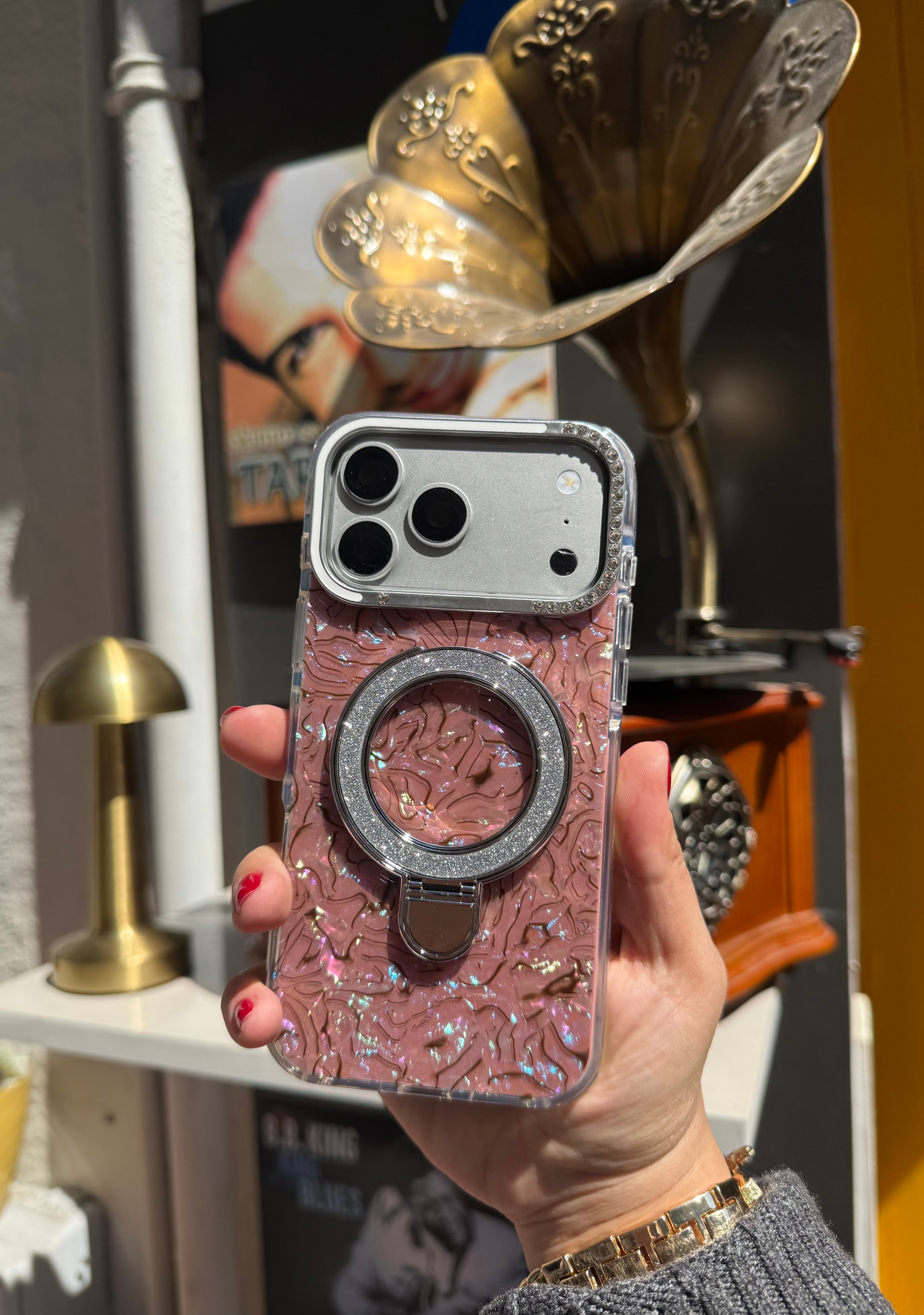 Marble Standlı İphone Telefon Kılıfı Gül Kurusu