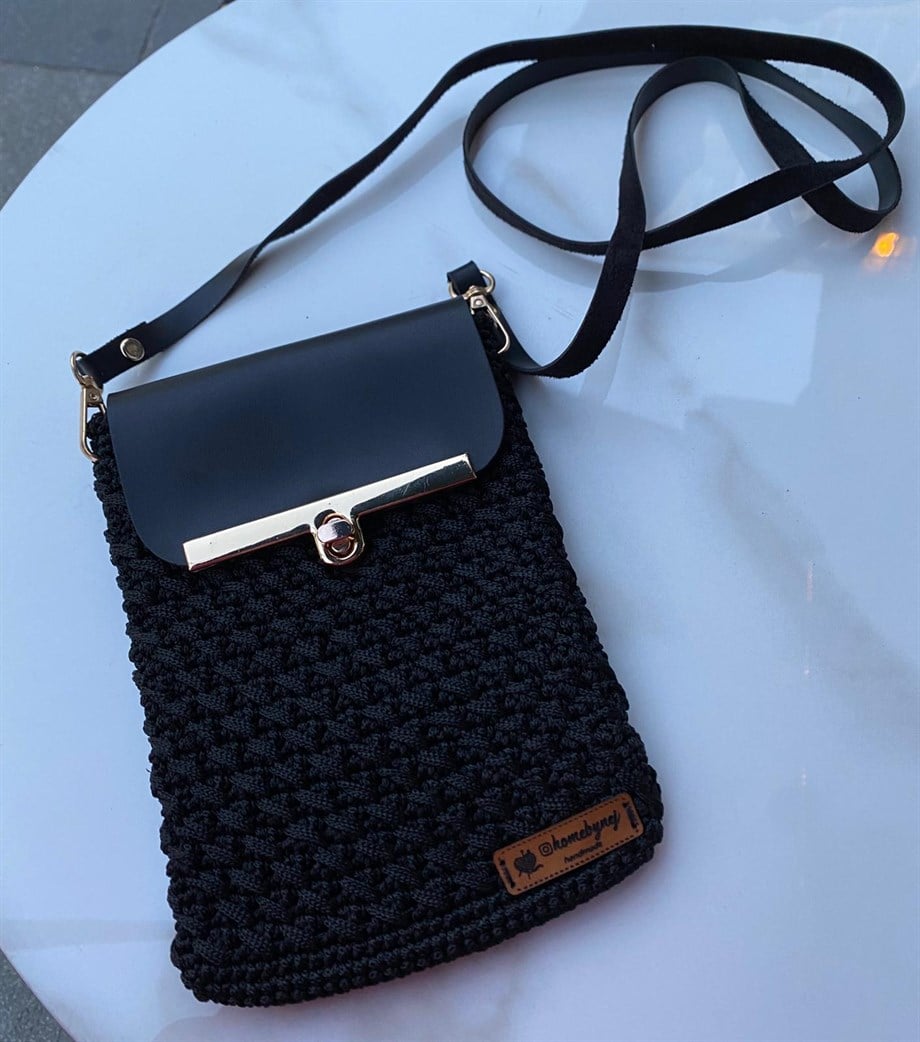Örgü Telefon Çantası Siyah