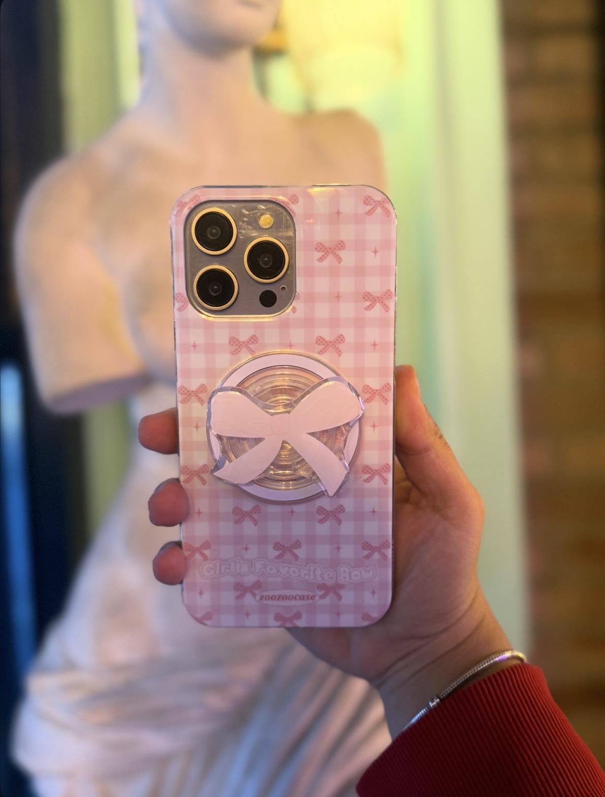 Pembe Fiyonk Desenli Magsafe Popsocketli İphone Telefon Kılıfı