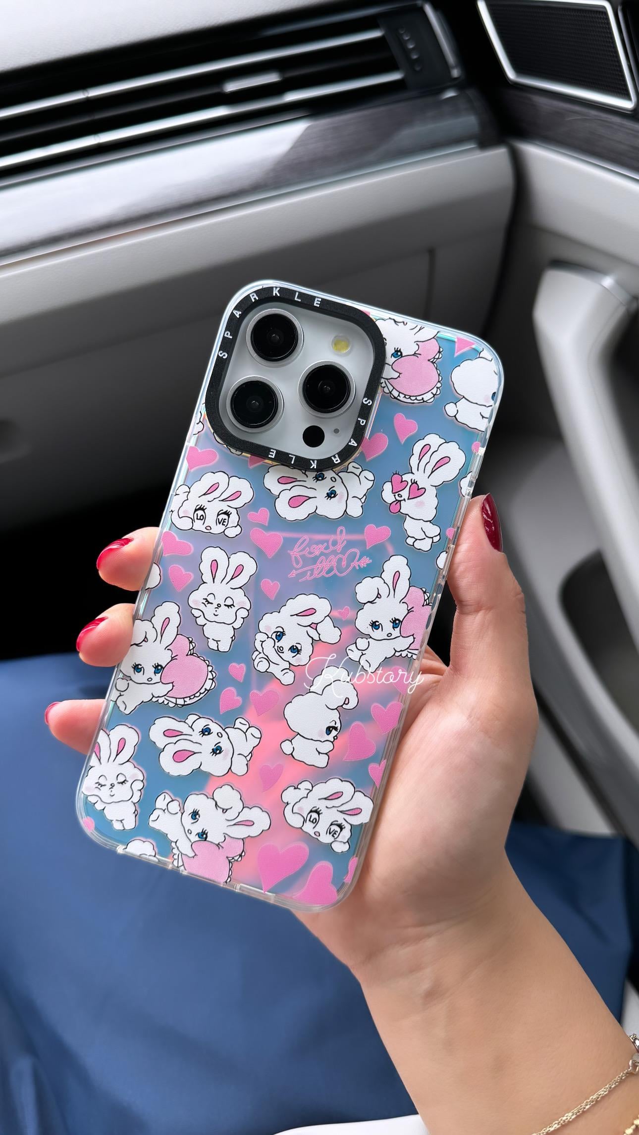 Sparkle İphone Telefon Kılıfı Pembe Kalp Tavşan
