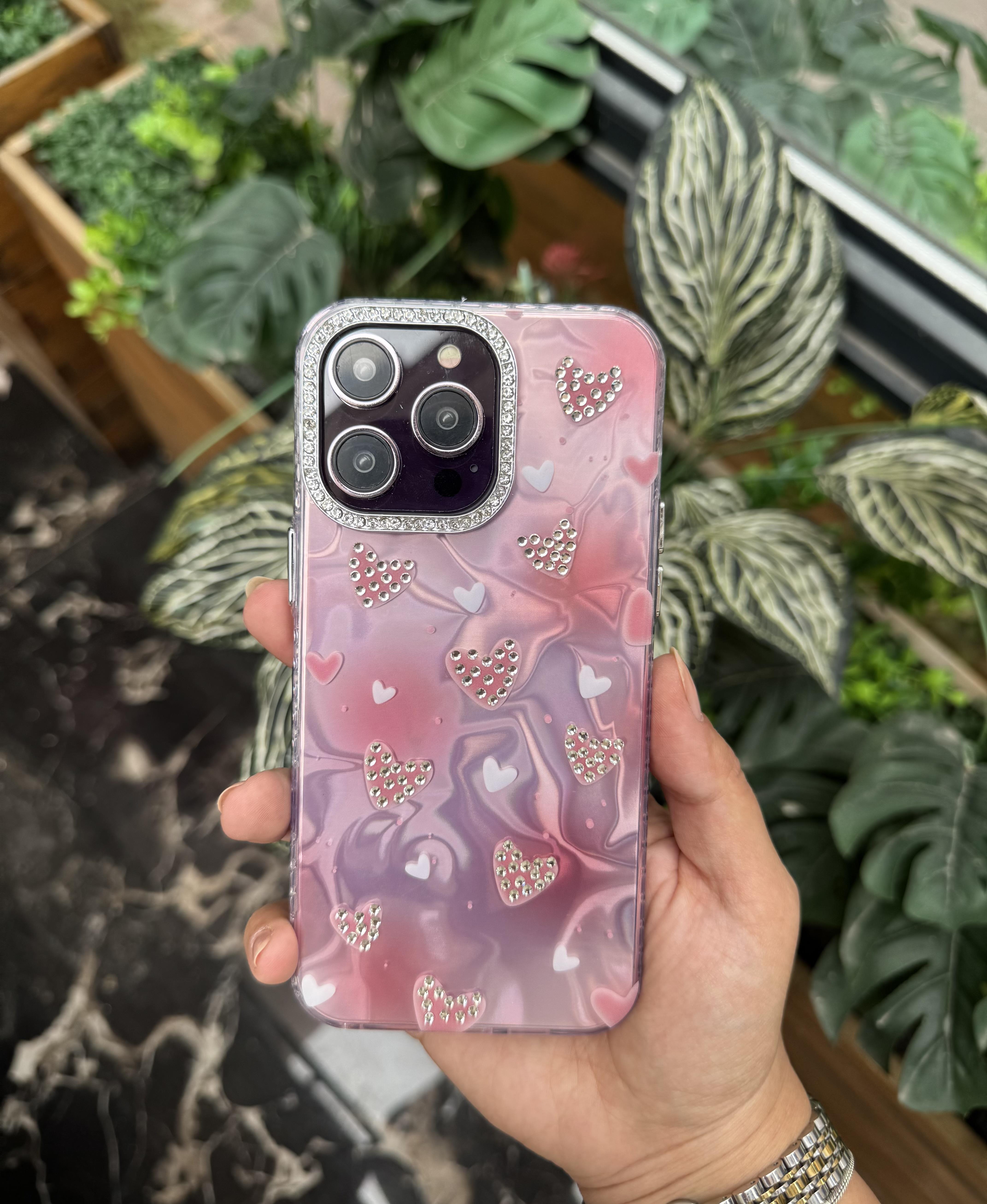 Taş Çerçeveli Hologram Kılıf Kalp Pembe
