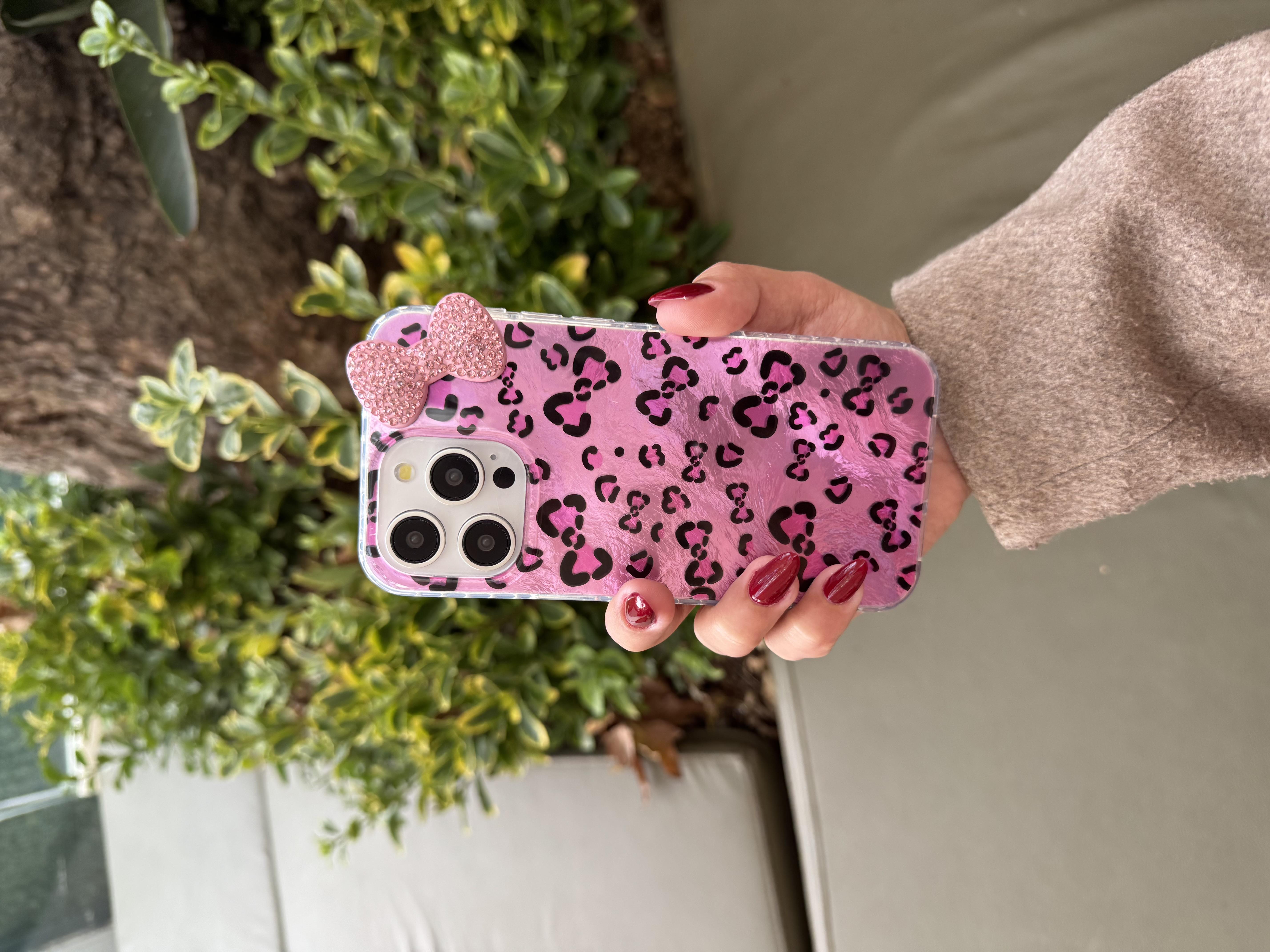 Taşlı Fiyonk Leopar İphone Telefon Kılıfı  Pembe