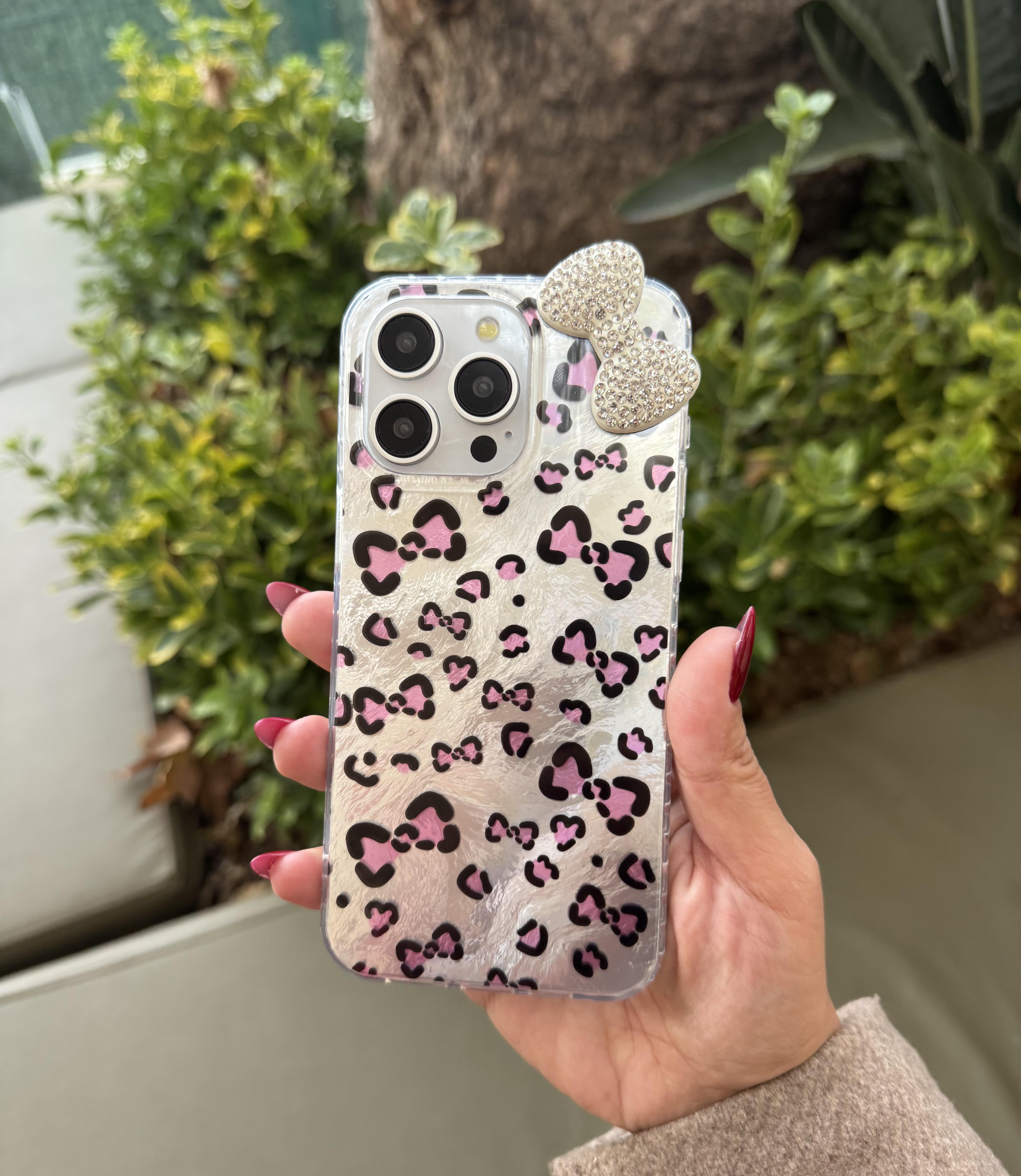 Taşlı Fiyonk Leopar İphone Telefon Kılıfı  Gümüş
