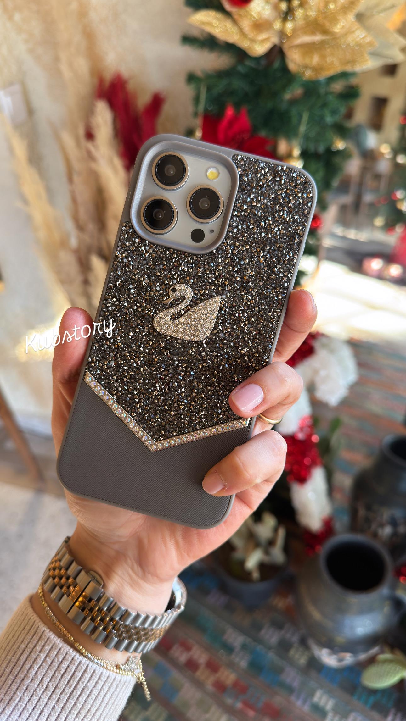 Taşlı Kuğu Model İphone Telefon Kılıfı Gri