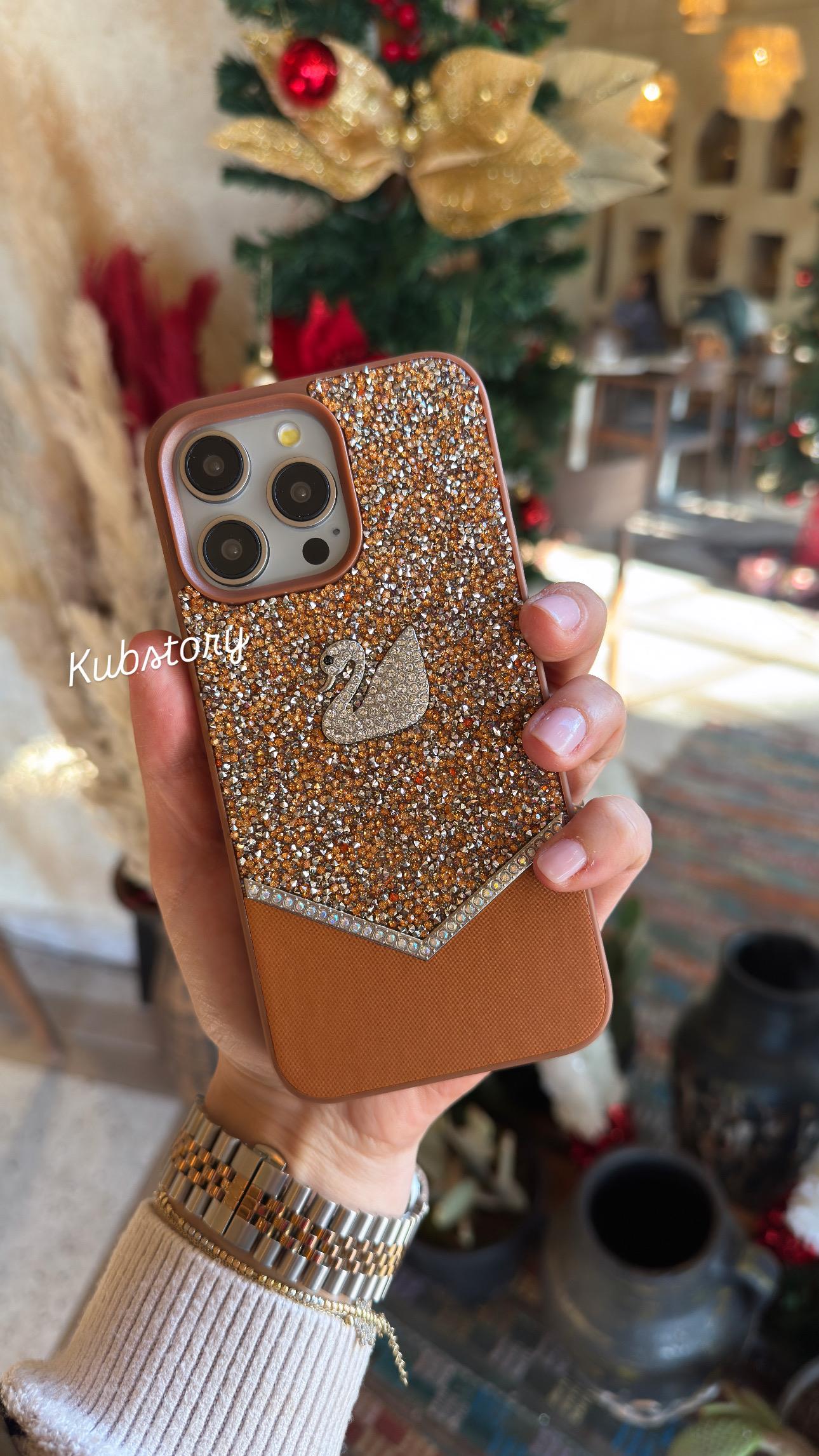 Taşlı Kuğu Model İphone Telefon Kılıfı Kahverengi