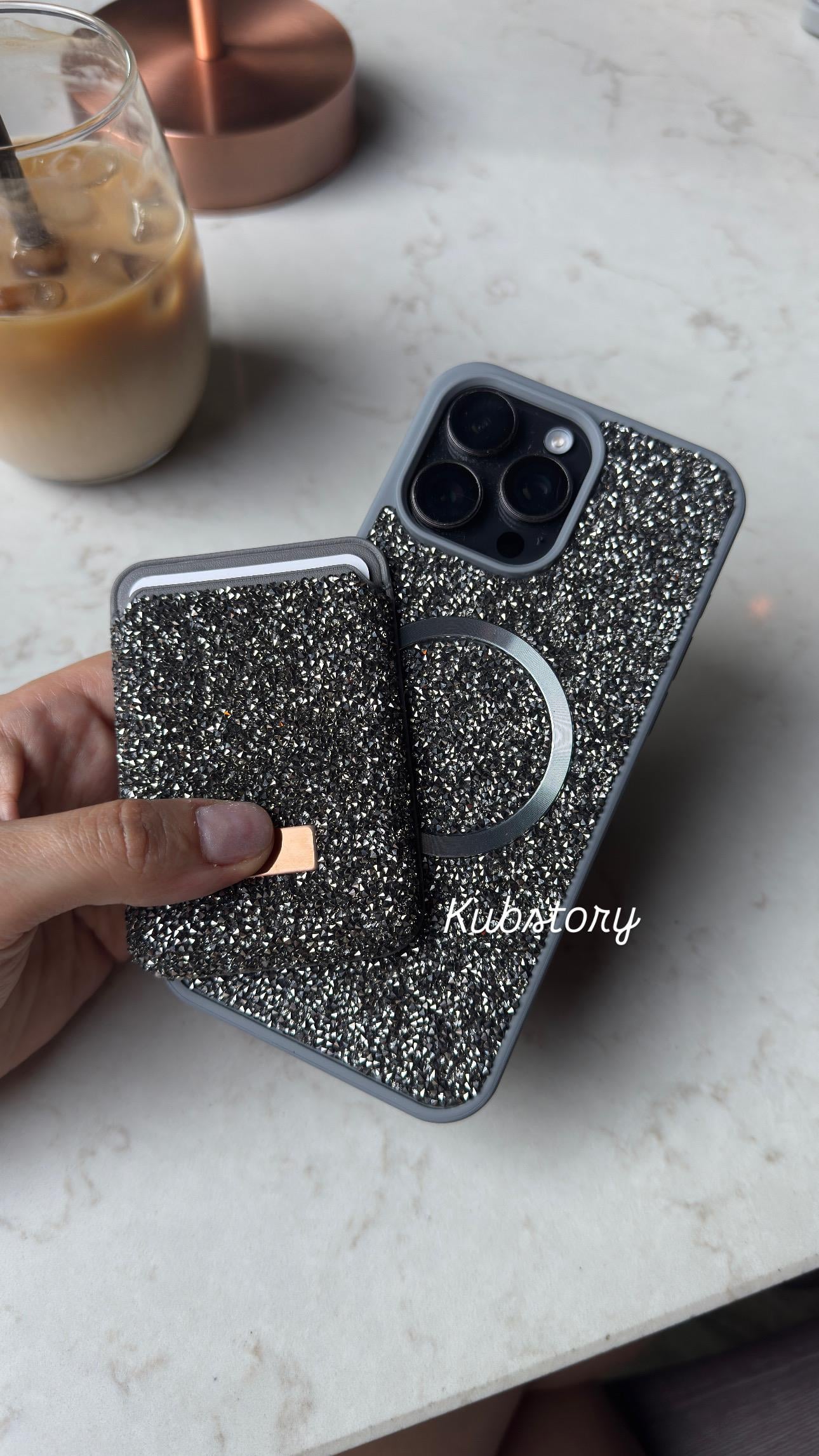 Taşlı Magsafe Detaylı Kartlıklı İphon Telefon Kılıfı Gri