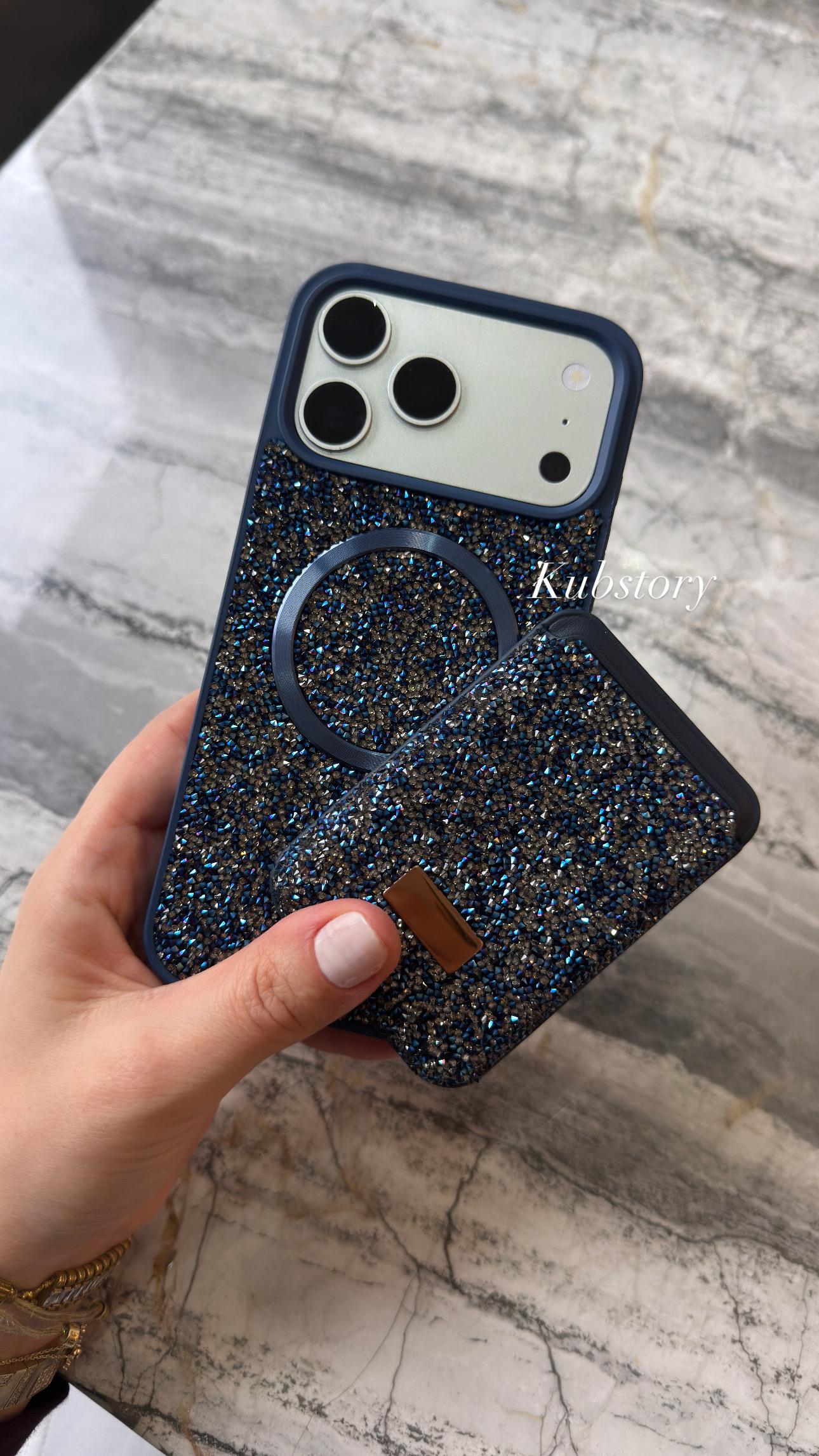 Taşlı Magsafe Detaylı Kartlıklı İphone Telefon Kılıfı Lacivert