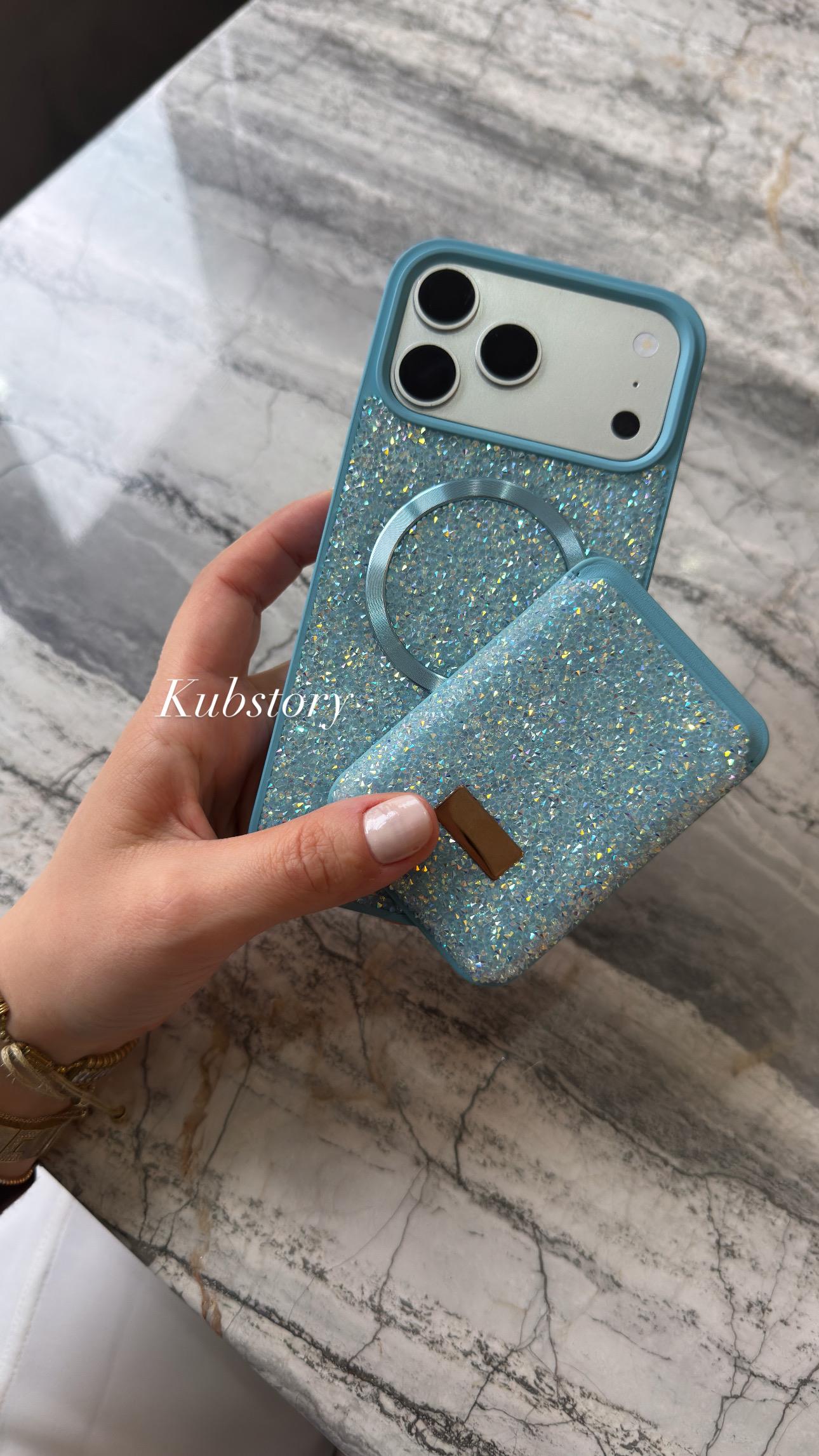 Taşlı Magsafe Detaylı Kartlıklı İphone Telefon Kılıfı Mavi