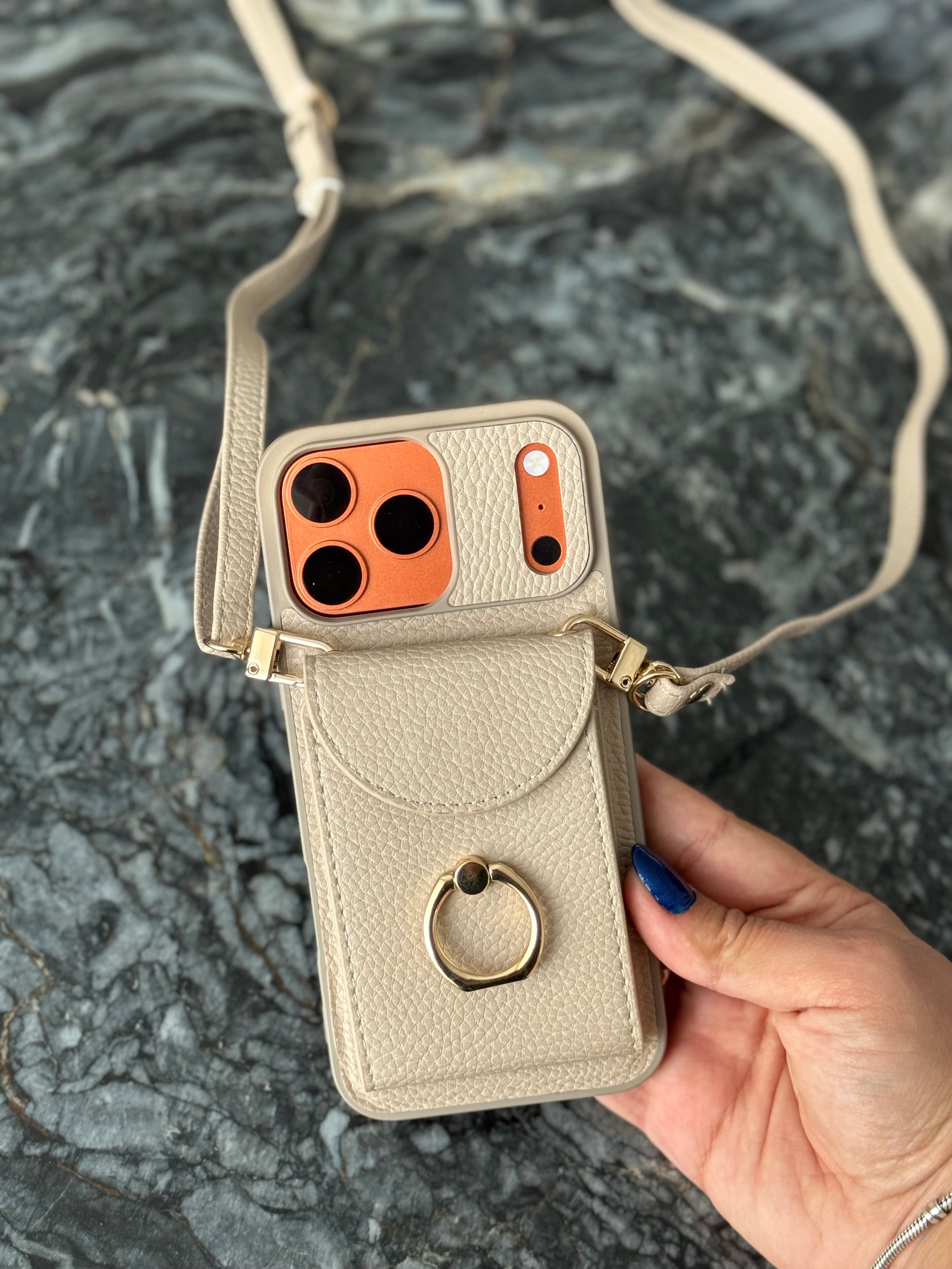 Yüzük Detaylı Kartlıklı Deri İphone Telefon Kılıfı Krem