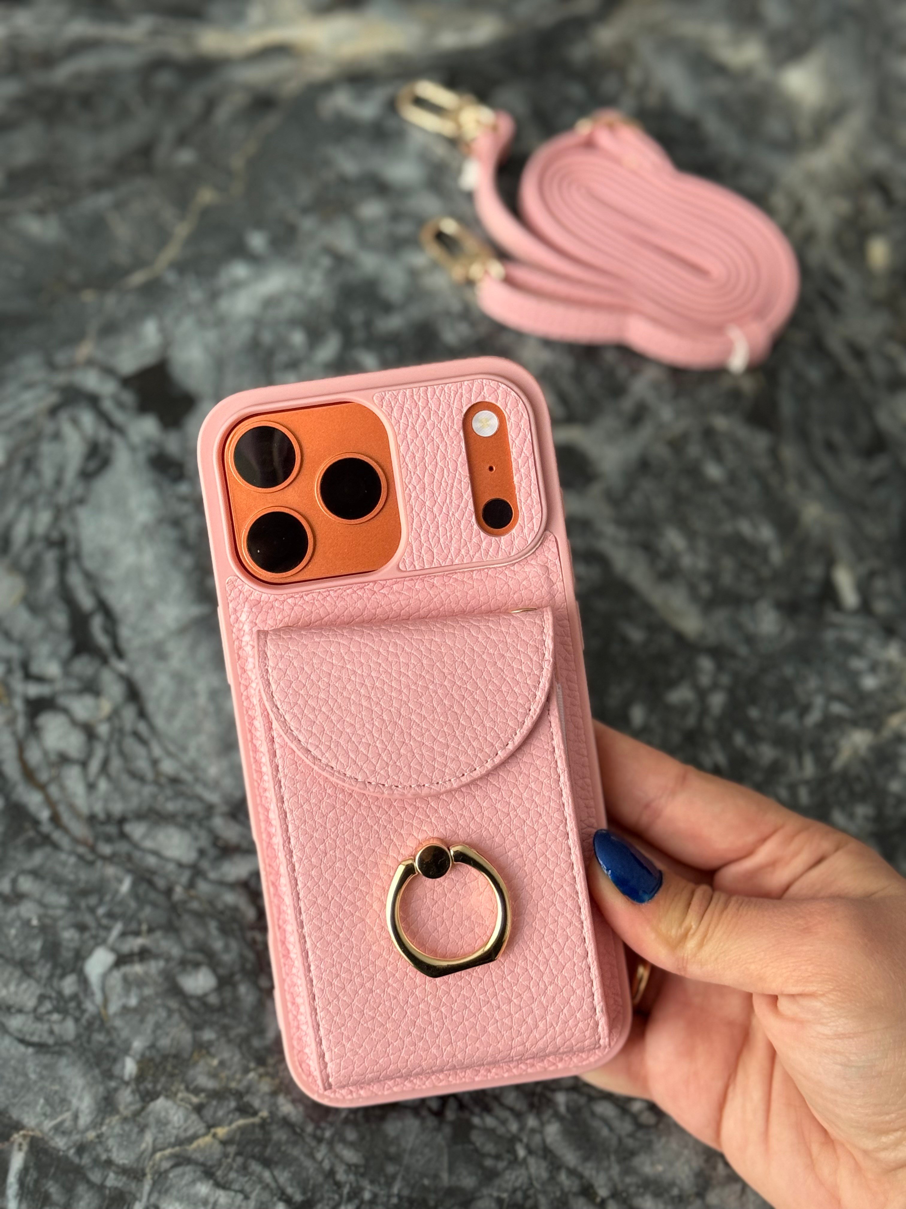 Yüzük Detaylı Kartlıklı Deri İphone Telefon Kılıfı Pembe