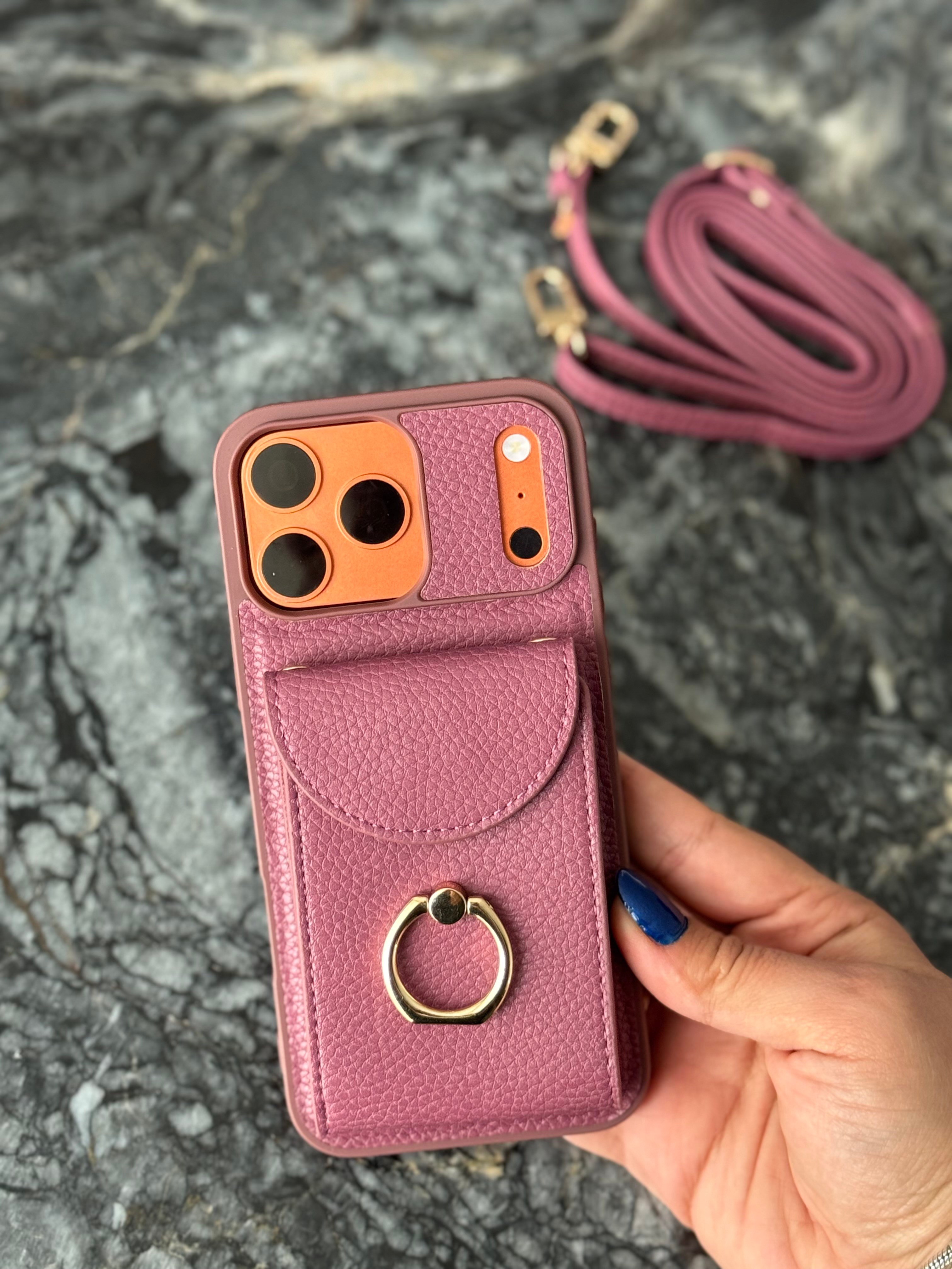Yüzük Detaylı Kartlıklı Deri İphone Telefon Kılıfı Vişne Çürüğü
