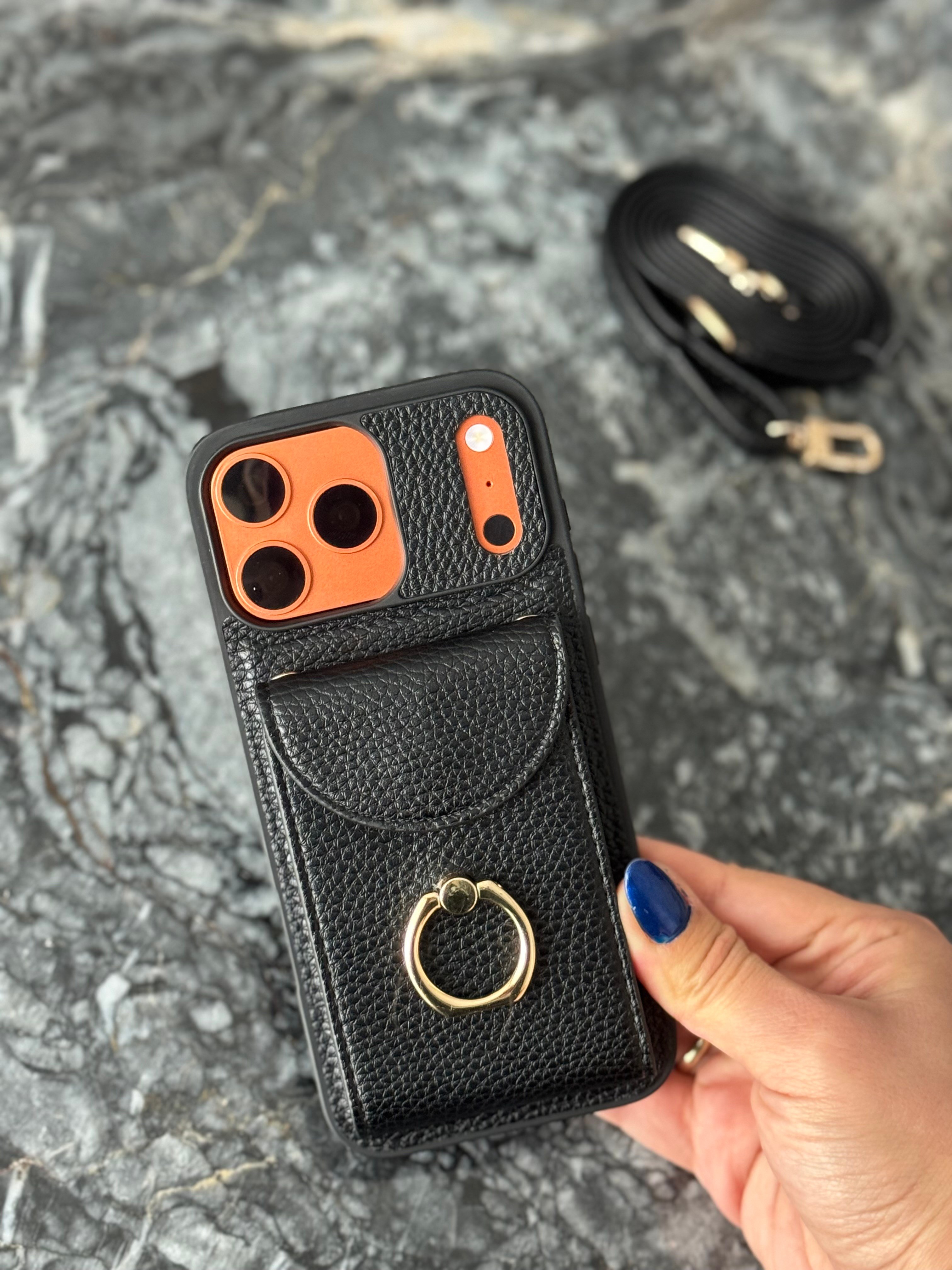 Yüzük Detaylı Kartlıklı Deri İphone Telefon Kılıfı Siyah