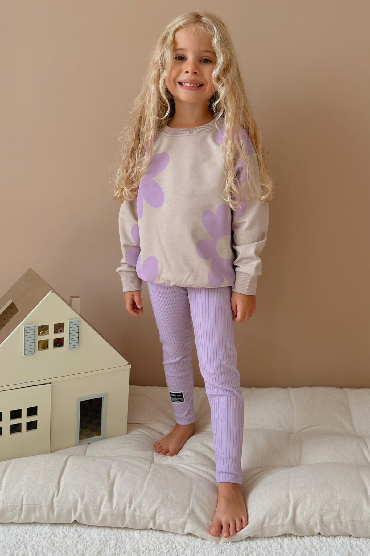 Kız Çocuk 2 İplik Papatyalı Lila Renk Taytlı Takım