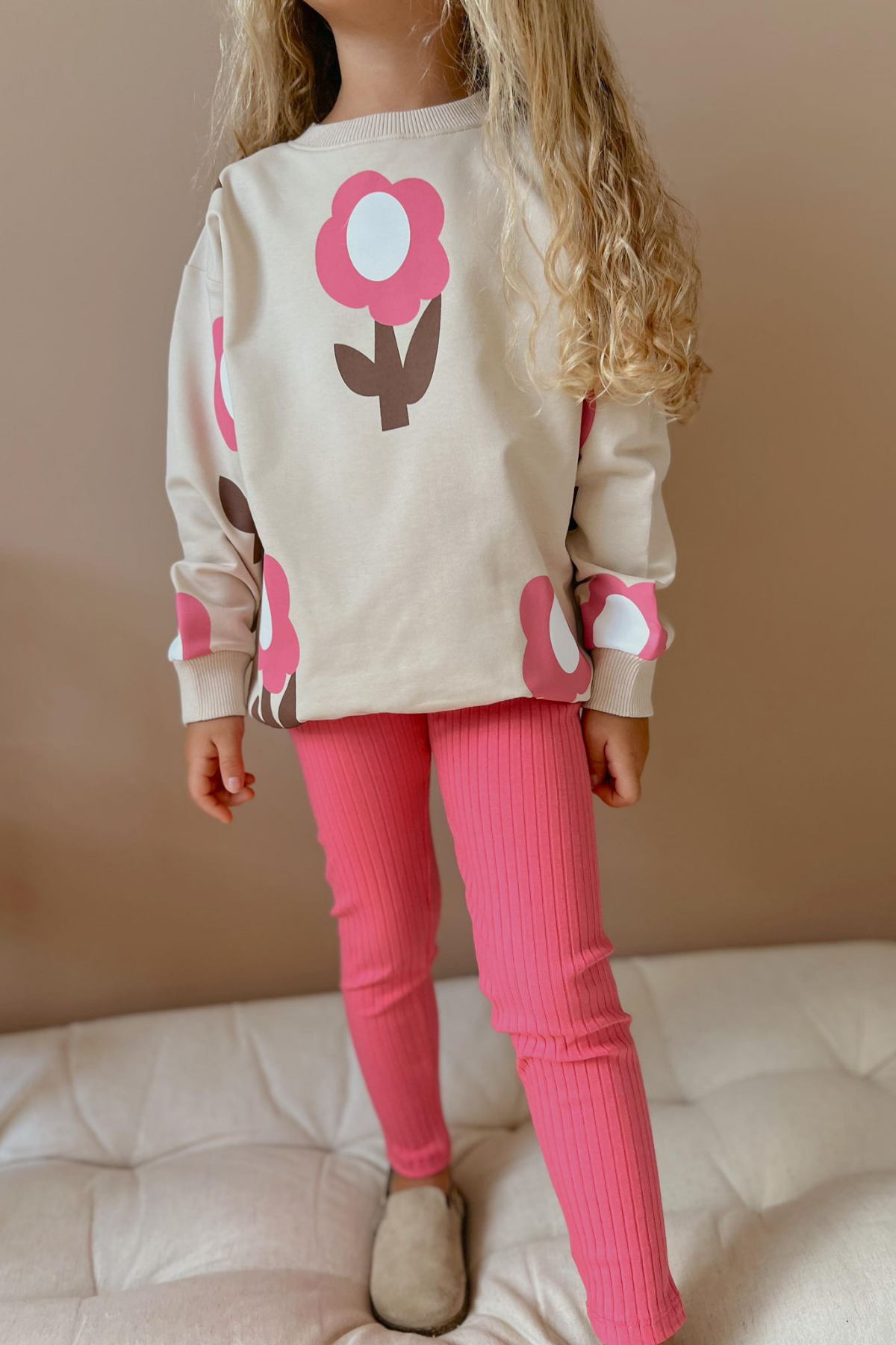 Kız Çocuk 2 İplik Papatyalı Pembe Taytlı Takım