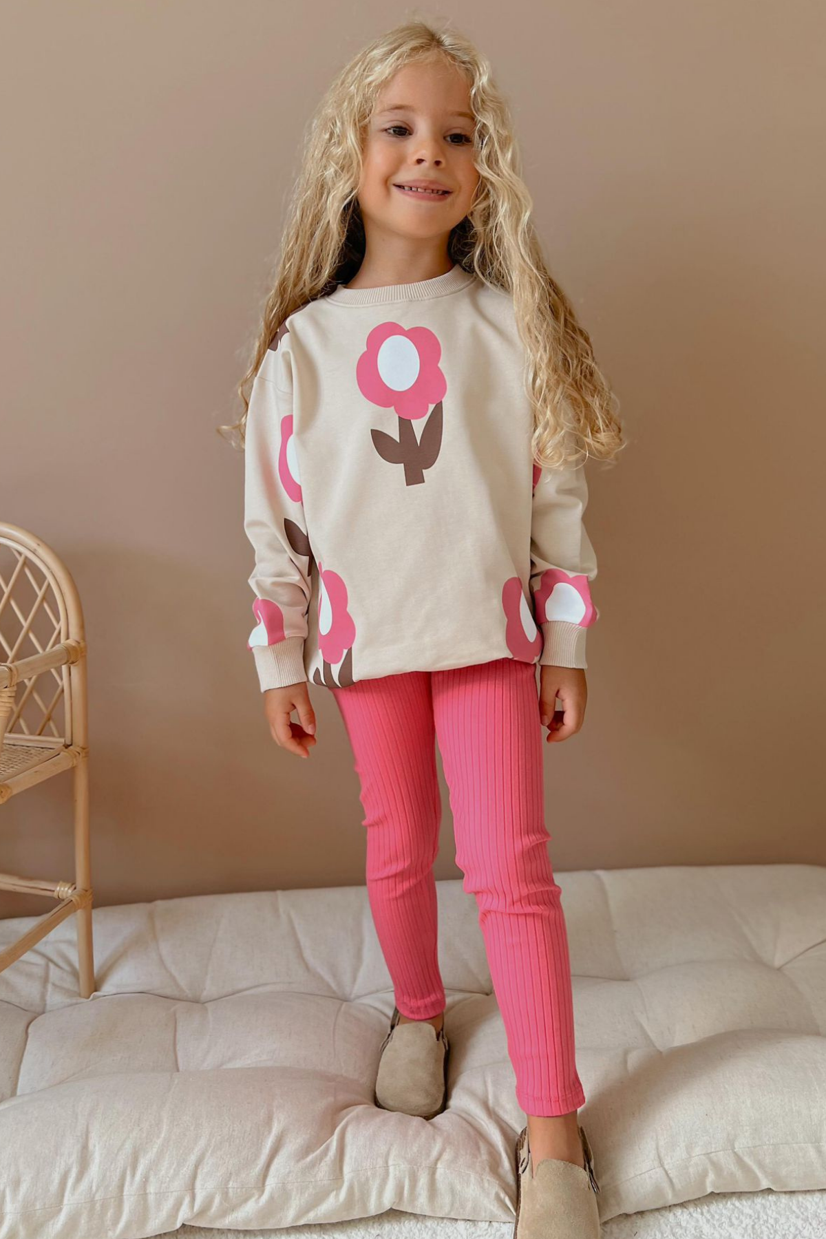 Kız Çocuk 2 İplik Papatyalı Pembe Taytlı Takım