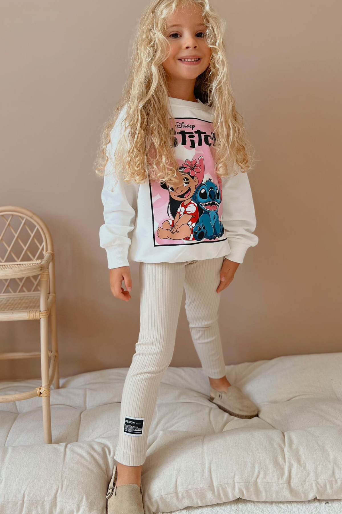 Kız Çocuk 2 İplik Stitch Baskı Ekru Taytlı Takım
