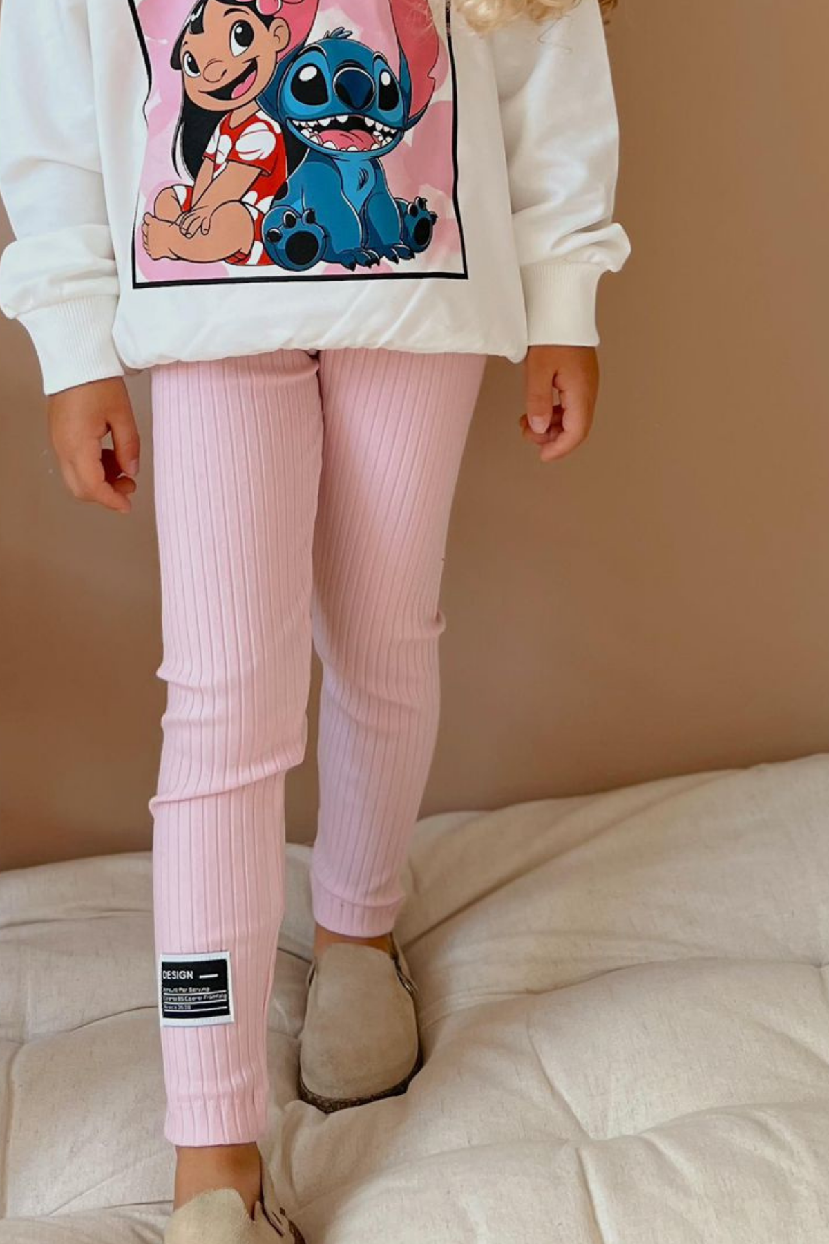 Kız Çocuk 2 İplik Stitch Baskı Pembe Taytlı Takım