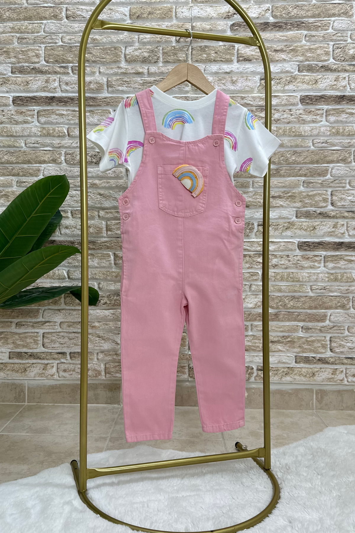2 Parça Gökkuşağı Bahçivan Denim Salopet
