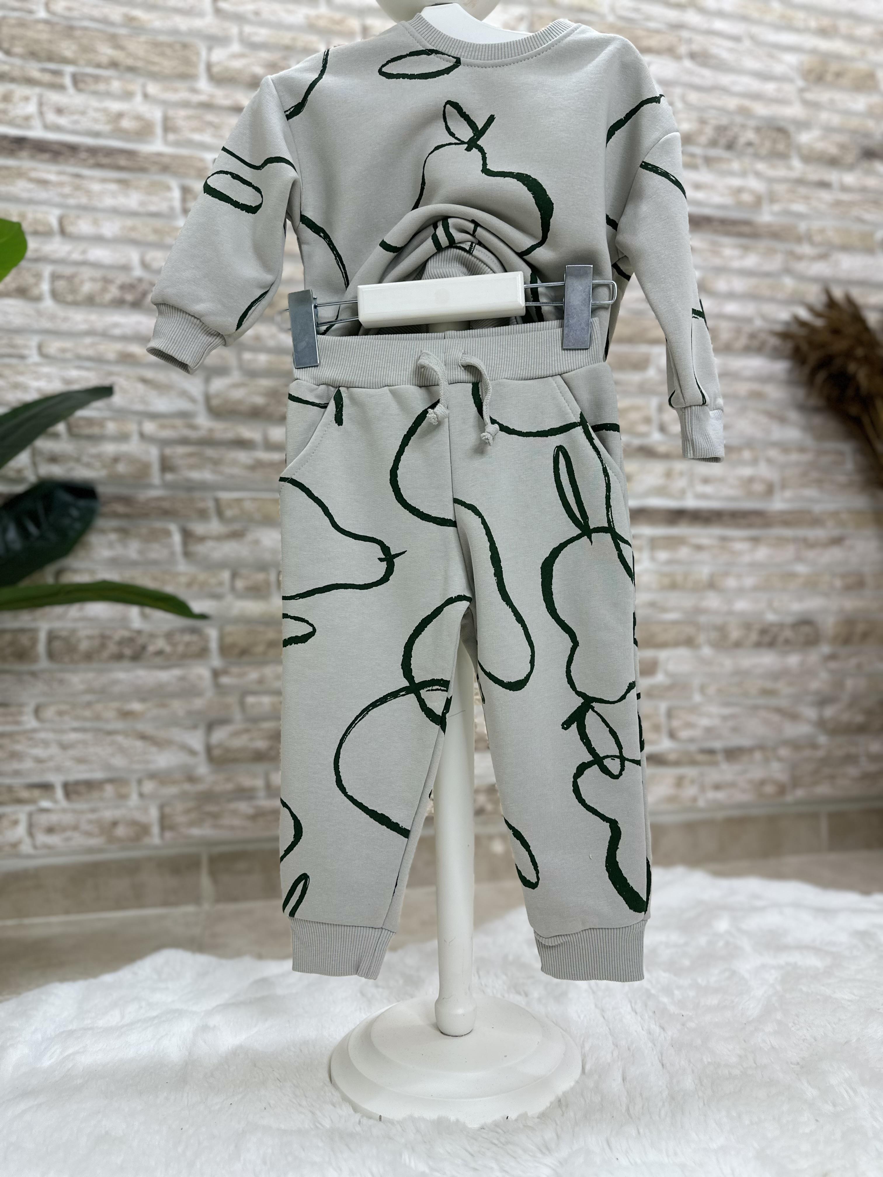 3 İplik Armut Baskılı Gri İkili Takım