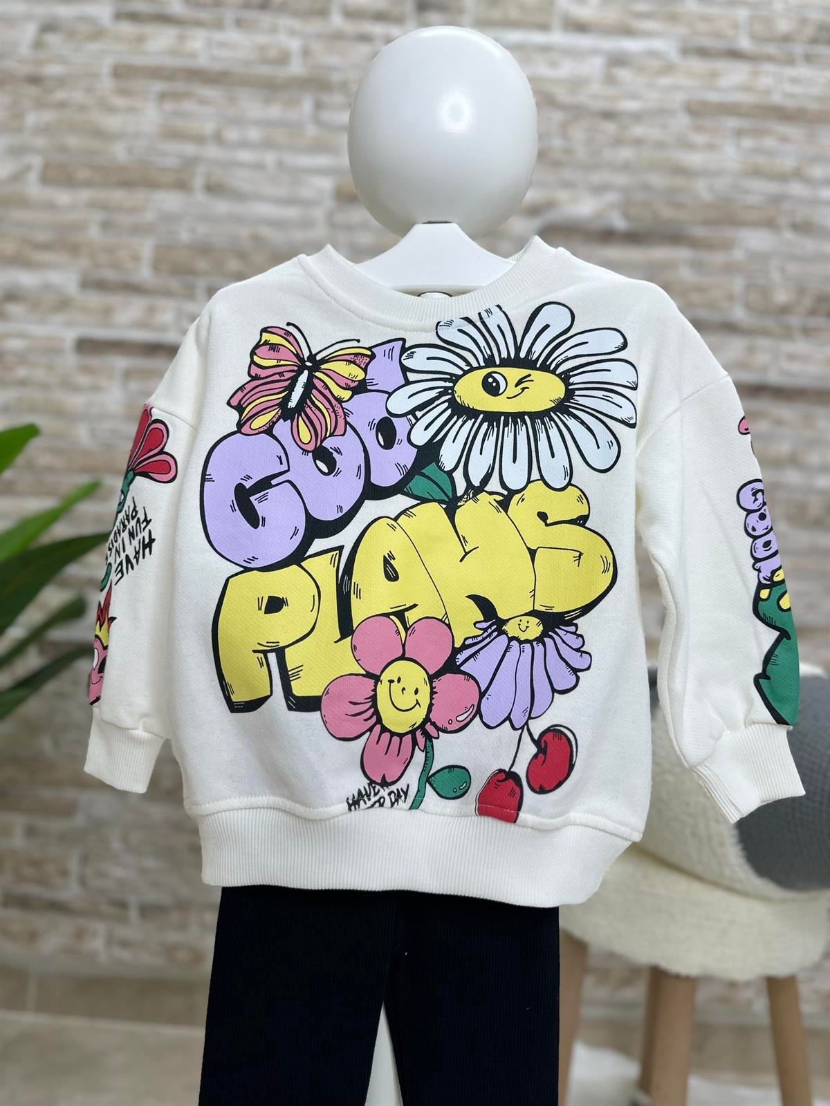 3 İplik Çiçekli Cool Siyah Taytlı Takım