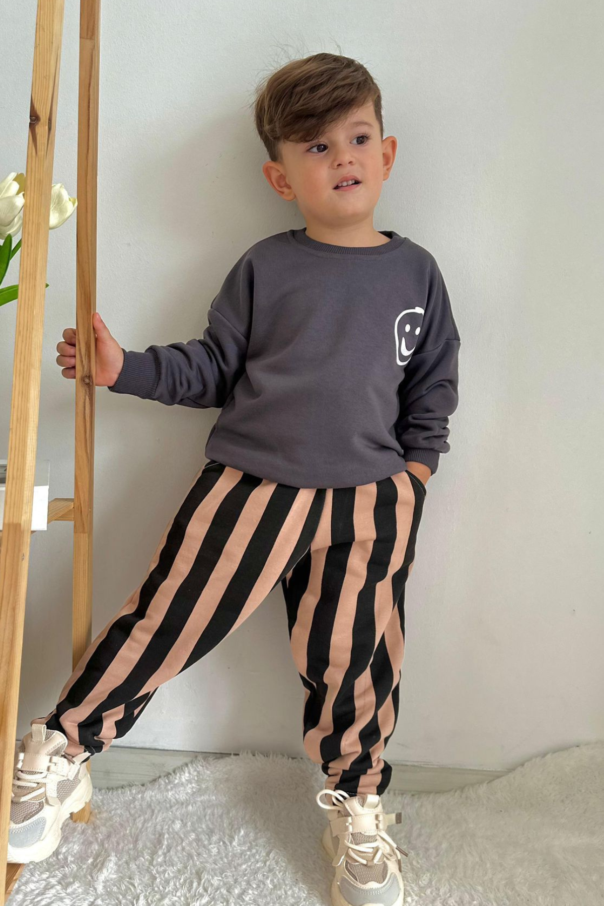 Erkek Çocuk 3 İplik Çizgili Smile Baskılı Takım