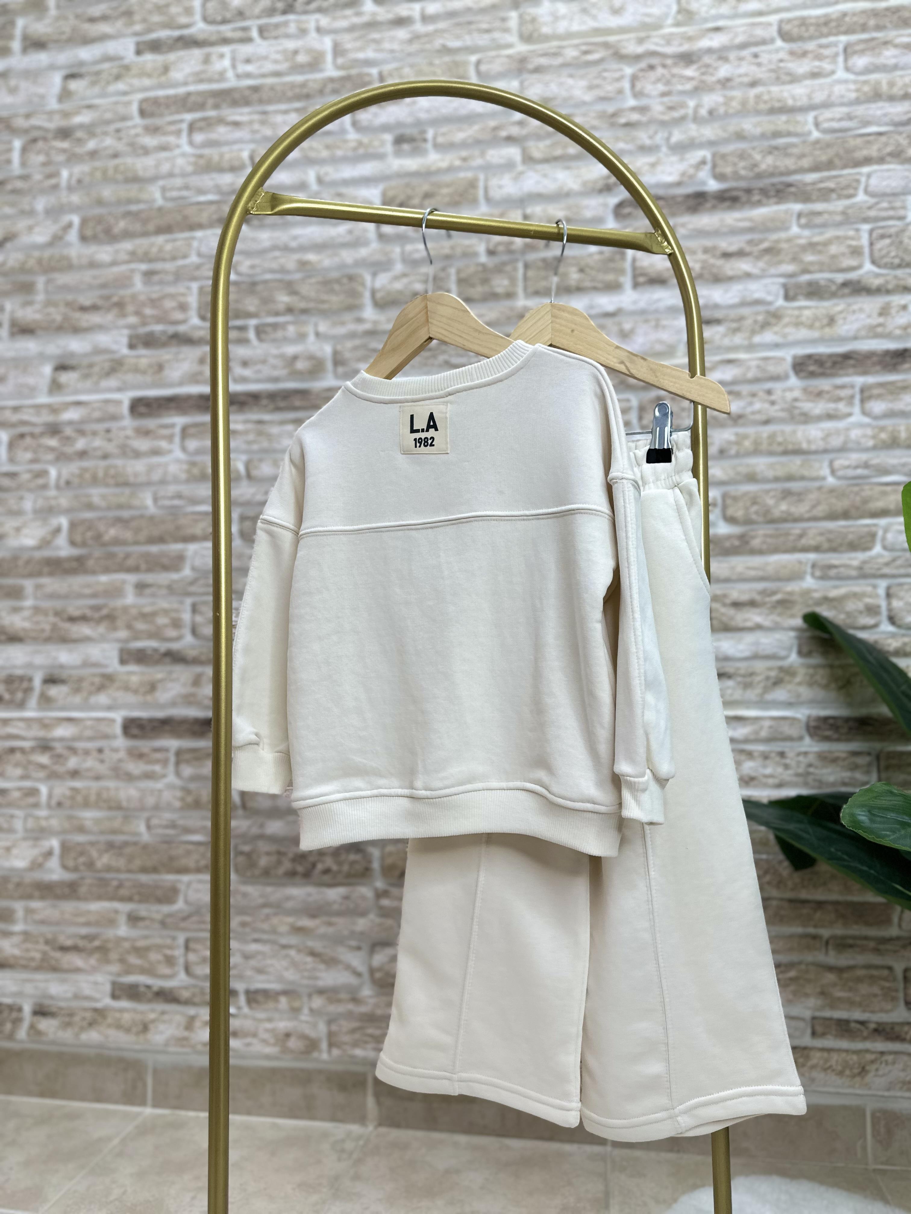 Kız Çocuk 3 İplik Ekru İspanyol Paça Takım