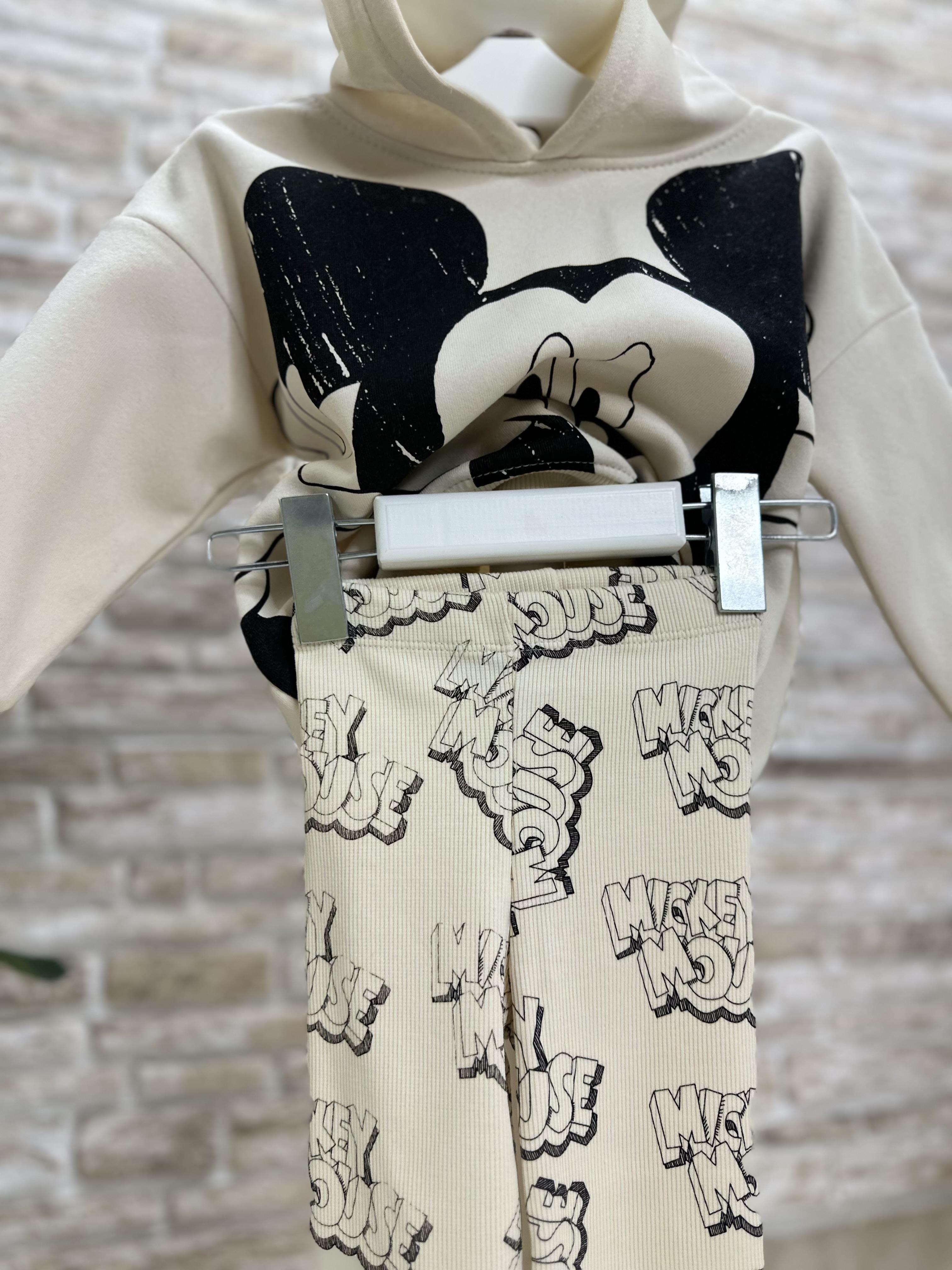 3 İplik Kapüşonlu Mickey Krem Takım