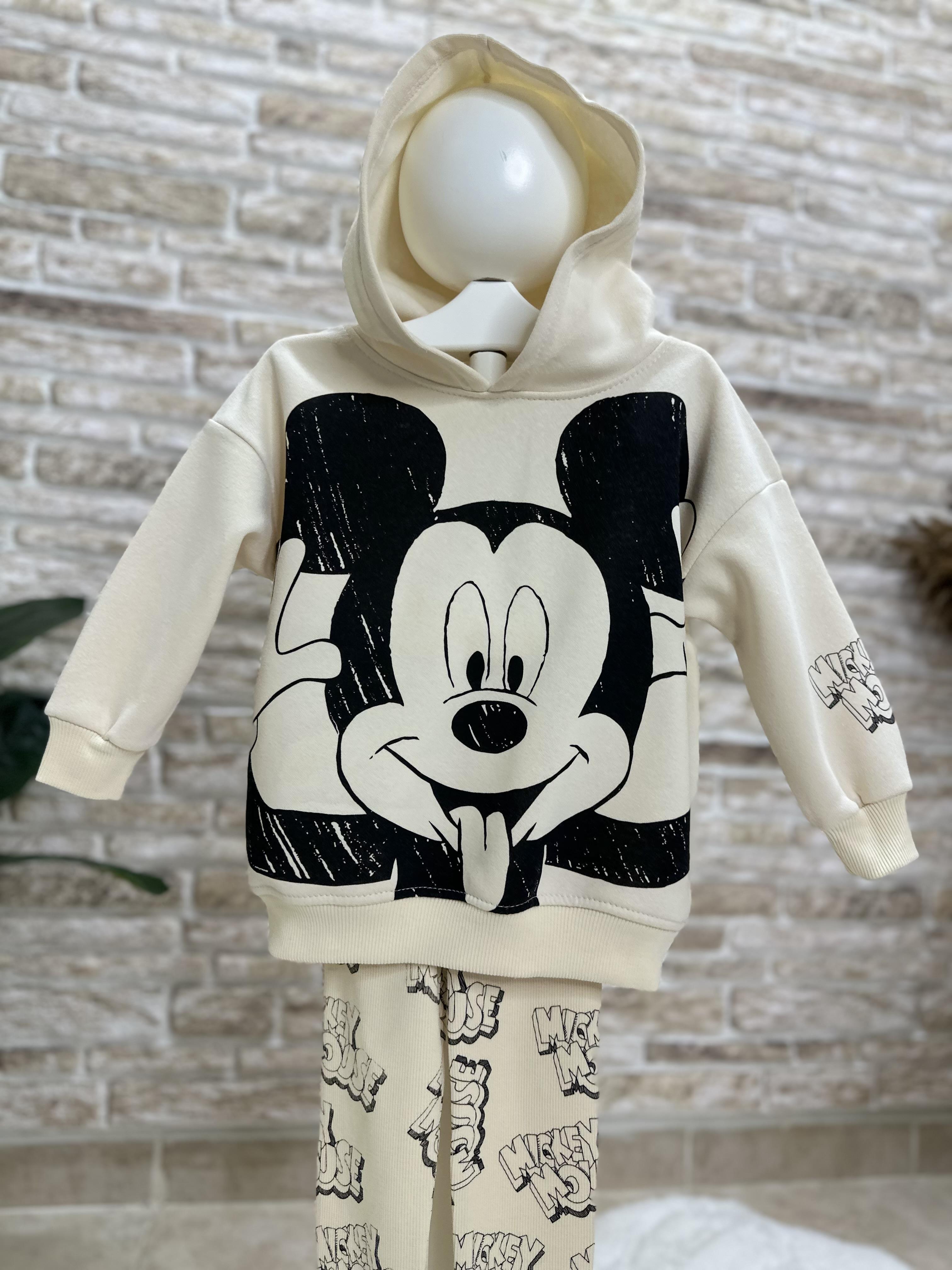 3 İplik Kapüşonlu Mickey Krem Takım