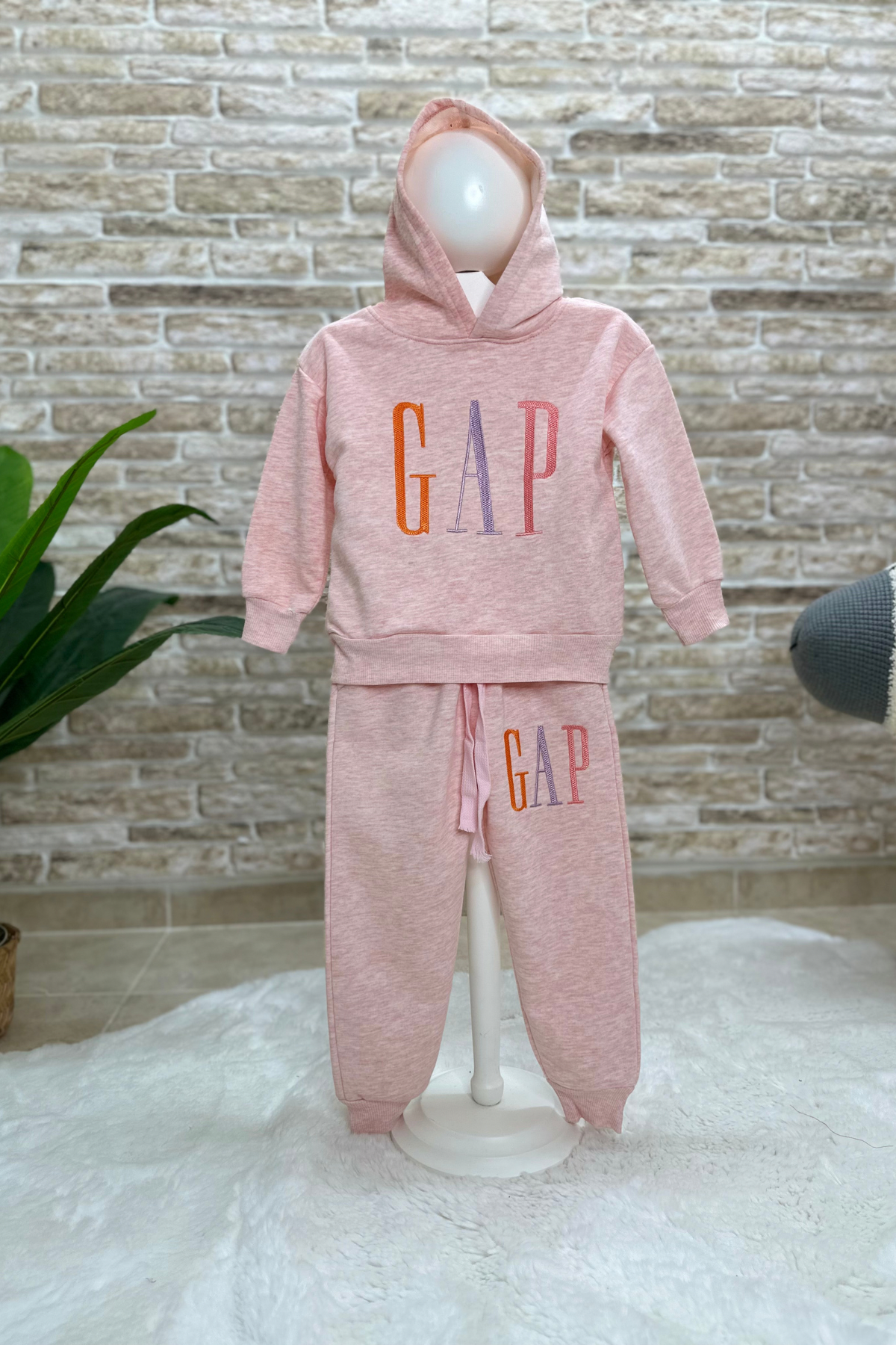 3 İplik Kapüşonlu Pembe Gap Nakışlı İkili Takım