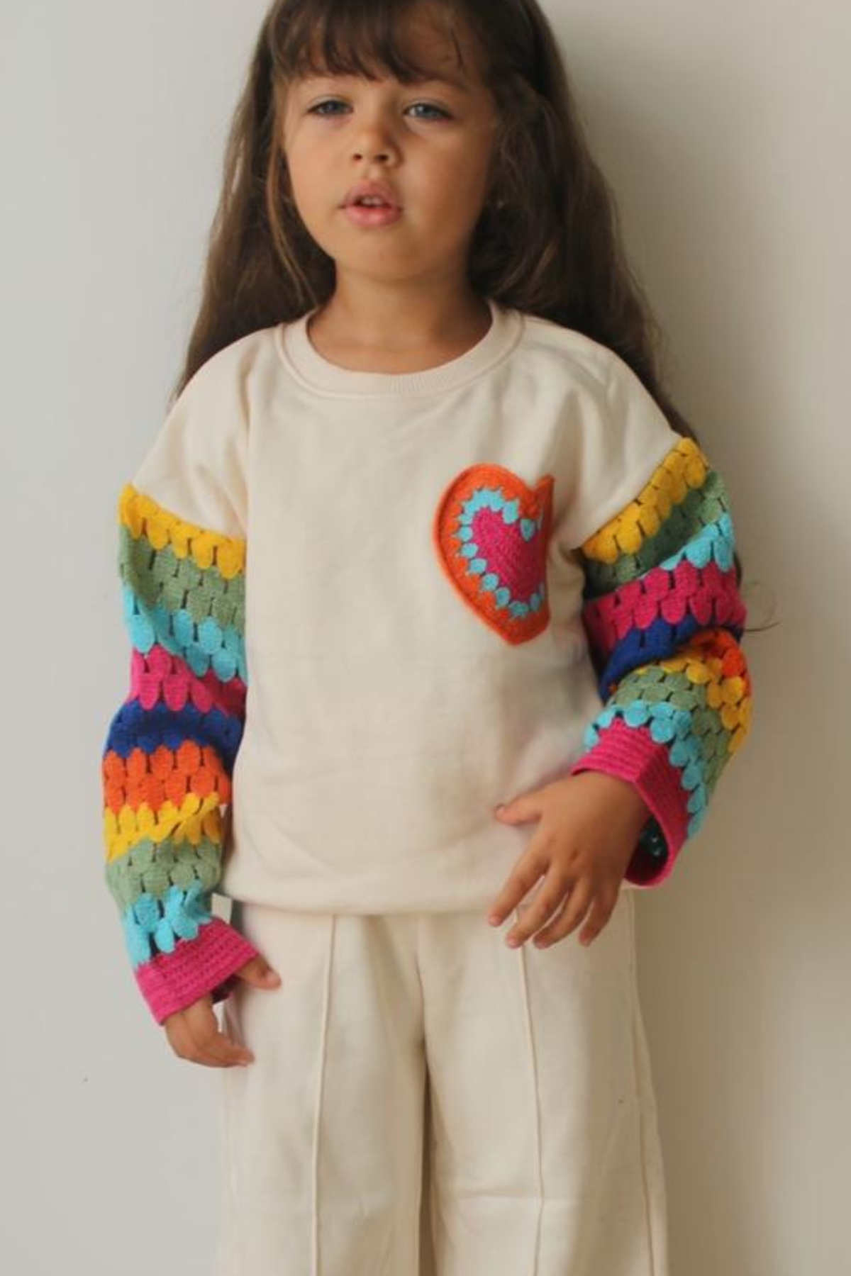 Kız Çocuk 3 İplik Kolu Örme Renkli Krem Takım
