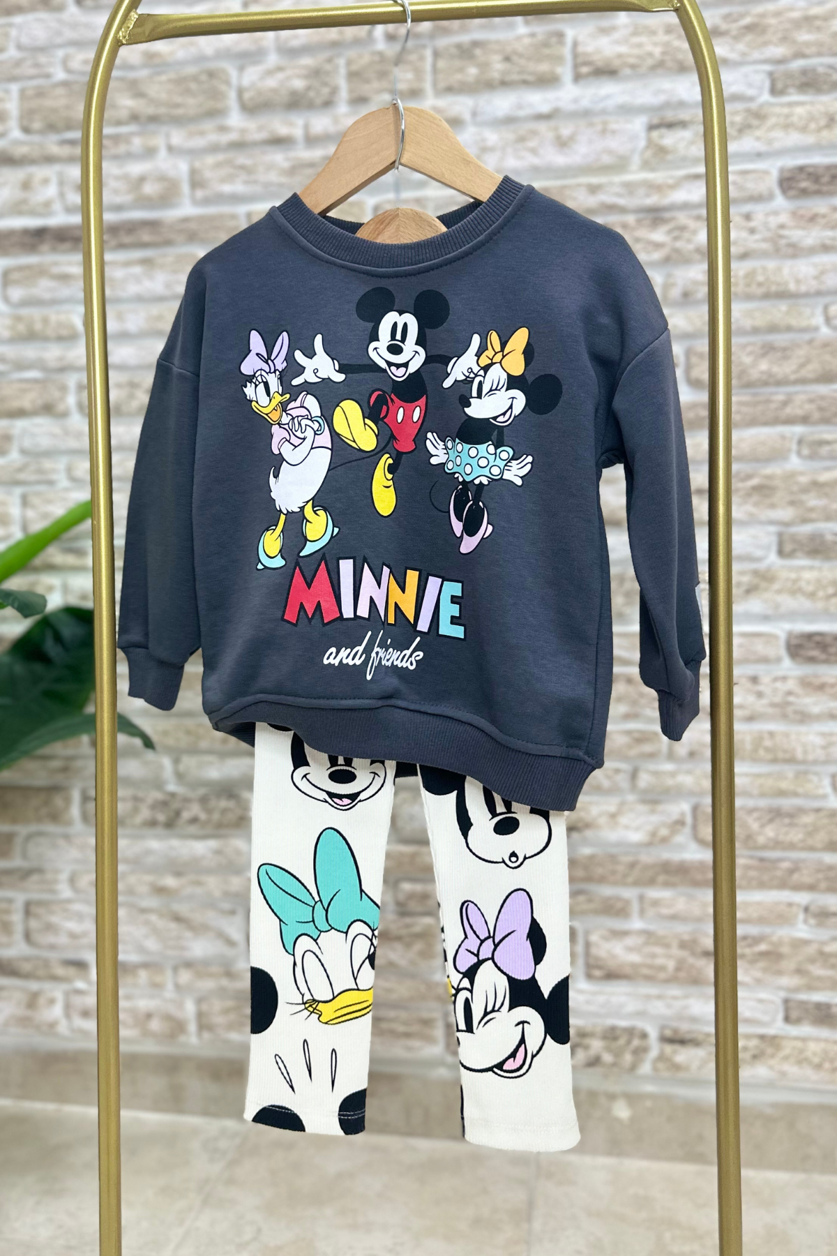 Kız Çocuk 3 İplik  Minnie Friends Antrasit Taytlı Takım