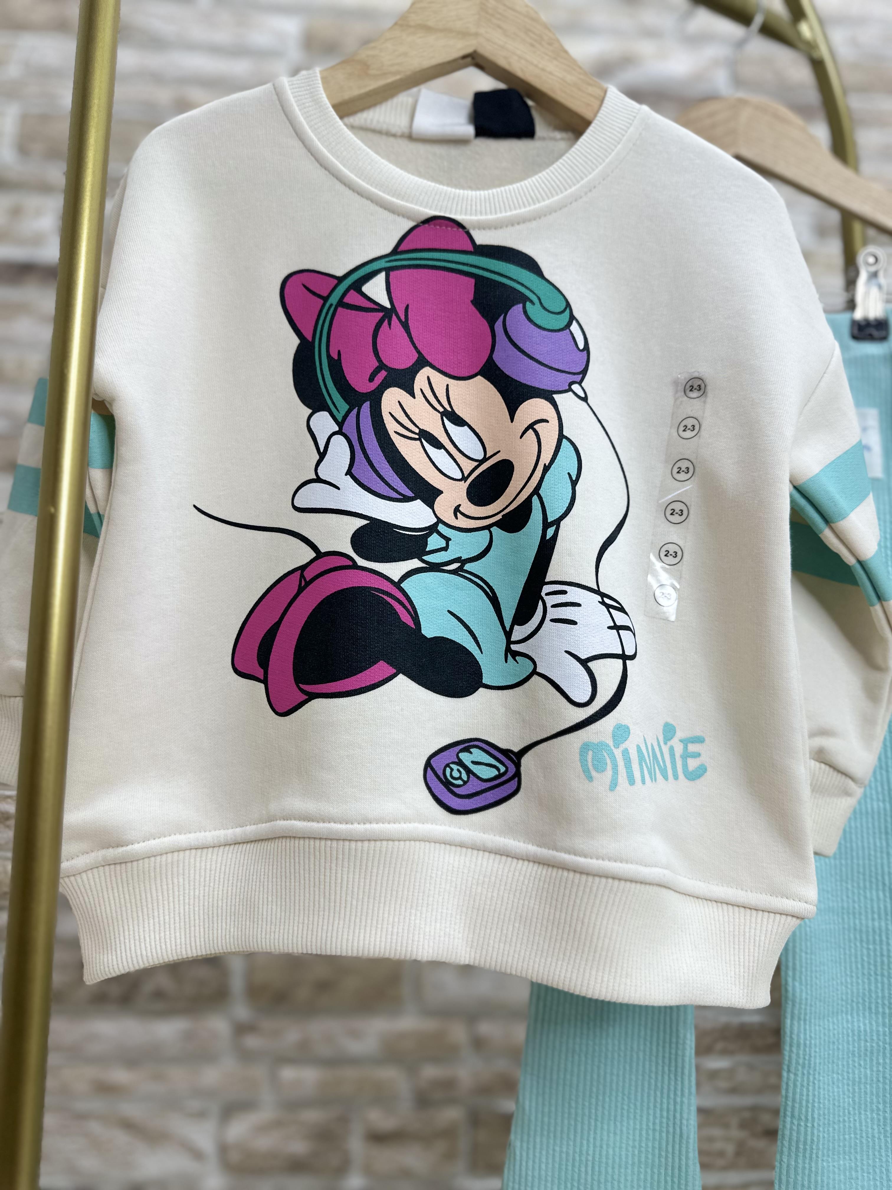 Kız Çocuk 3 İplik  Minnie İspanyol Turkuaz Taytlı Takım
