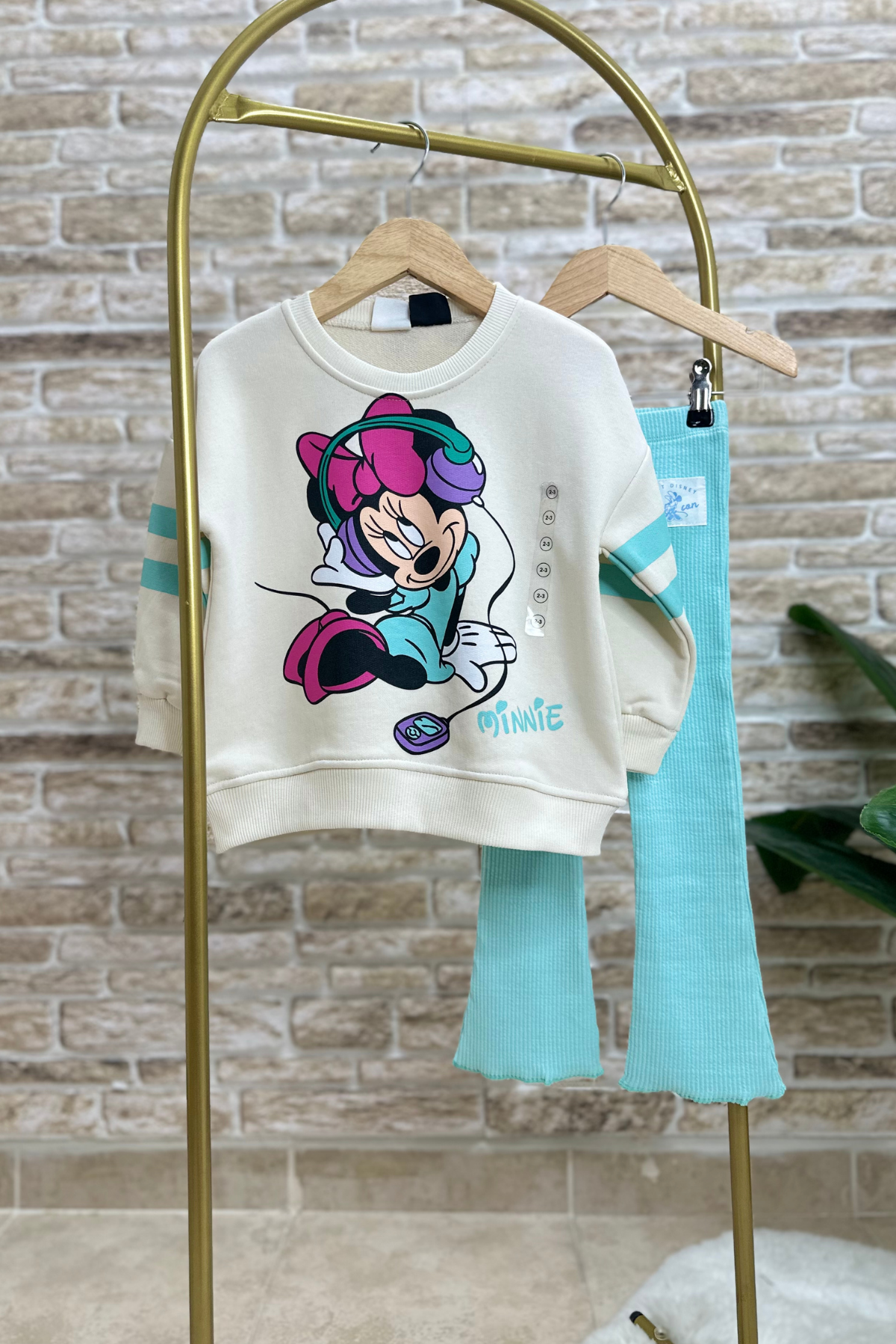 Kız Çocuk 3 İplik  Minnie İspanyol Turkuaz Taytlı Takım