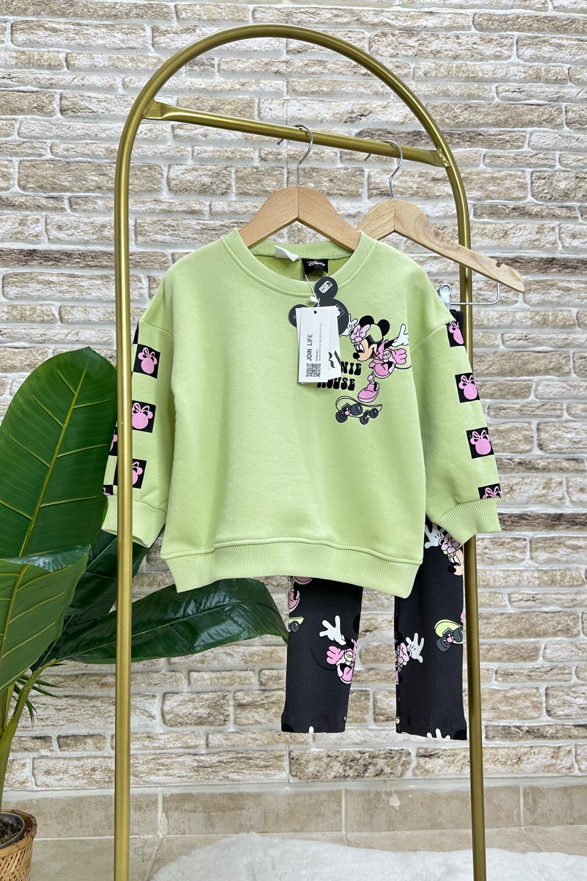Kız Çocuk 3 İplik Minnie Neon Renk Taytlı Takım