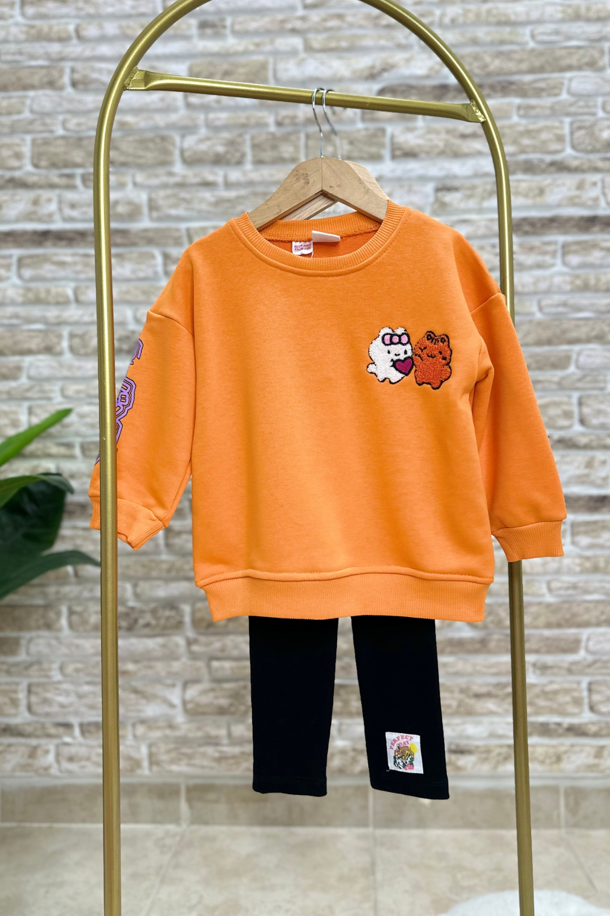 Kız Çocuk 3 İplik Oranj Nakışlı Taytlı Takım